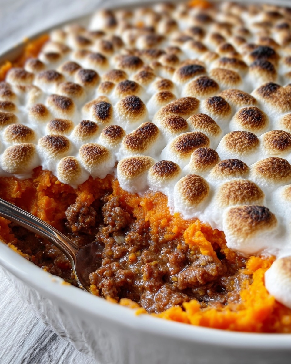 A close-up of a white dish filled with a three-layer casserole, with a section scooped out showing the inside. The bottom layer is bright orange and smooth, likely mashed sweet potatoes. The middle layer is a crumbly brown mix that looks like cooked ground nuts or streusel. The top layer is a thick layer of toasted marshmallows, golden brown and puffed up in small rounded dollops covering the entire surface. The dish is placed on a white marbled texture. photo taken with an iphone --ar 4:5 --v 7