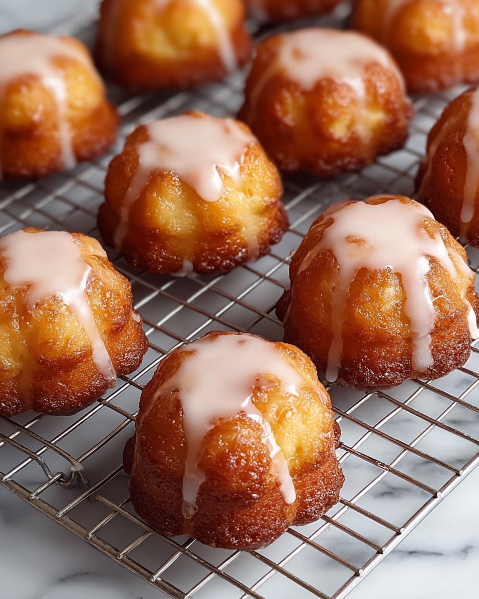 A group of small, round golden brown fried dough balls sits closely on a silver cooling rack. Each dough ball has an uneven, slightly crispy surface with a smooth, shiny, light yellow glaze dripping softly over the top, forming irregular shapes. The glaze catches the light, creating a glossy and moist look on the warm dough, while the edges of some dough balls appear darker and more toasted. The cooling rack is set on a white marbled surface, giving a clean and bright background. photo taken with an iphone --ar 4:5 --v 7