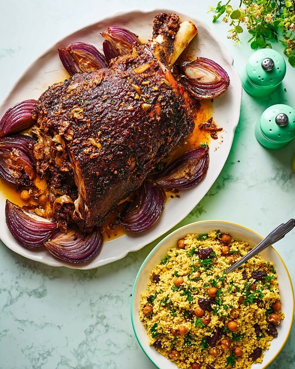 A large white oval plate holds a roasted lamb shoulder that is dark brown with a crispy, spiced crust and has some pulled meat shredded at the front right side; it is surrounded by charred red onion wedges with purple and golden brown coloring all around the meat. Next to the plate is a round white bowl filled with a yellow couscous salad mixed with light yellow chickpeas, green herbs, and small dark raisins or dried fruit pieces, with a silver spoon resting inside. The bowls are placed on a white marbled surface with a small bouquet of yellow billy balls and green stems on the left. Photo taken with an iphone --ar 4:5 --v 7