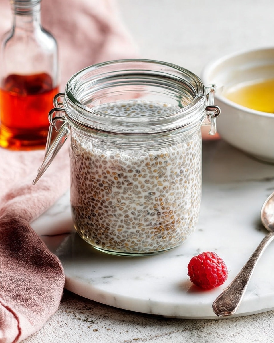 A clear glass jar filled with three layers of chia pudding, showing many small soaked chia seeds suspended in a creamy, pale grayish layer, with a smooth texture on top. The jar has a metal clasp lock on the right side and sits on a soft pink cloth on a white marbled surface. To the left of the jar is a silver spoon resting on the cloth, and behind it, a small glass bottle filled with a dark red liquid. On the right edge of the image, a white bowl with yellow butter and a single red raspberry on a wooden board are partially visible. Photo taken with an iphone --ar 4:5 --v 7