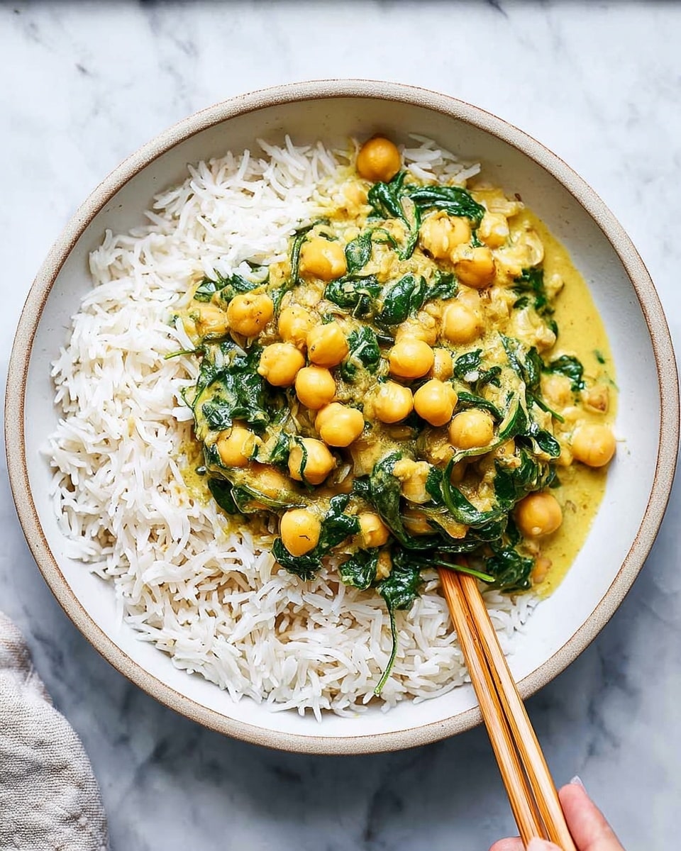 A light gray bowl filled with two layers: the bottom layer is a bed of white long-grain rice, fluffy with separated grains forming a circular base around the center, the top layer consists of a thick chickpea and spinach curry with a creamy yellow sauce, whole light yellow chickpeas, and chopped dark green spinach leaves evenly mixed, all placed on a white marbled surface with a soft blue textured fabric partially visible, along with a pair of wooden chopsticks nearby, photo taken with an iphone --ar 4:5 --v 7