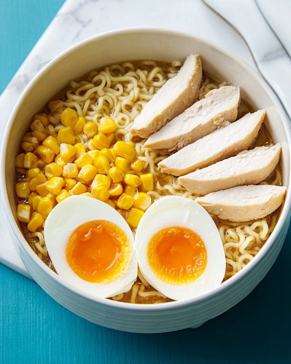 A white bowl filled with ramen soup shows three main layers: at the bottom, light brown broth covers yellow wavy noodles; in the middle, bright yellow corn pieces form a small mound near the center; on the right, several thin slices of pale cooked chicken breast are arranged neatly; at the top left, a halved soft-boiled egg with a shiny, orange yolk and firm white is placed partly on the noodles. The bowl sits on a white marbled surface with a blurred blue-green background. Photo taken with an iphone --ar 4:5 --v 7