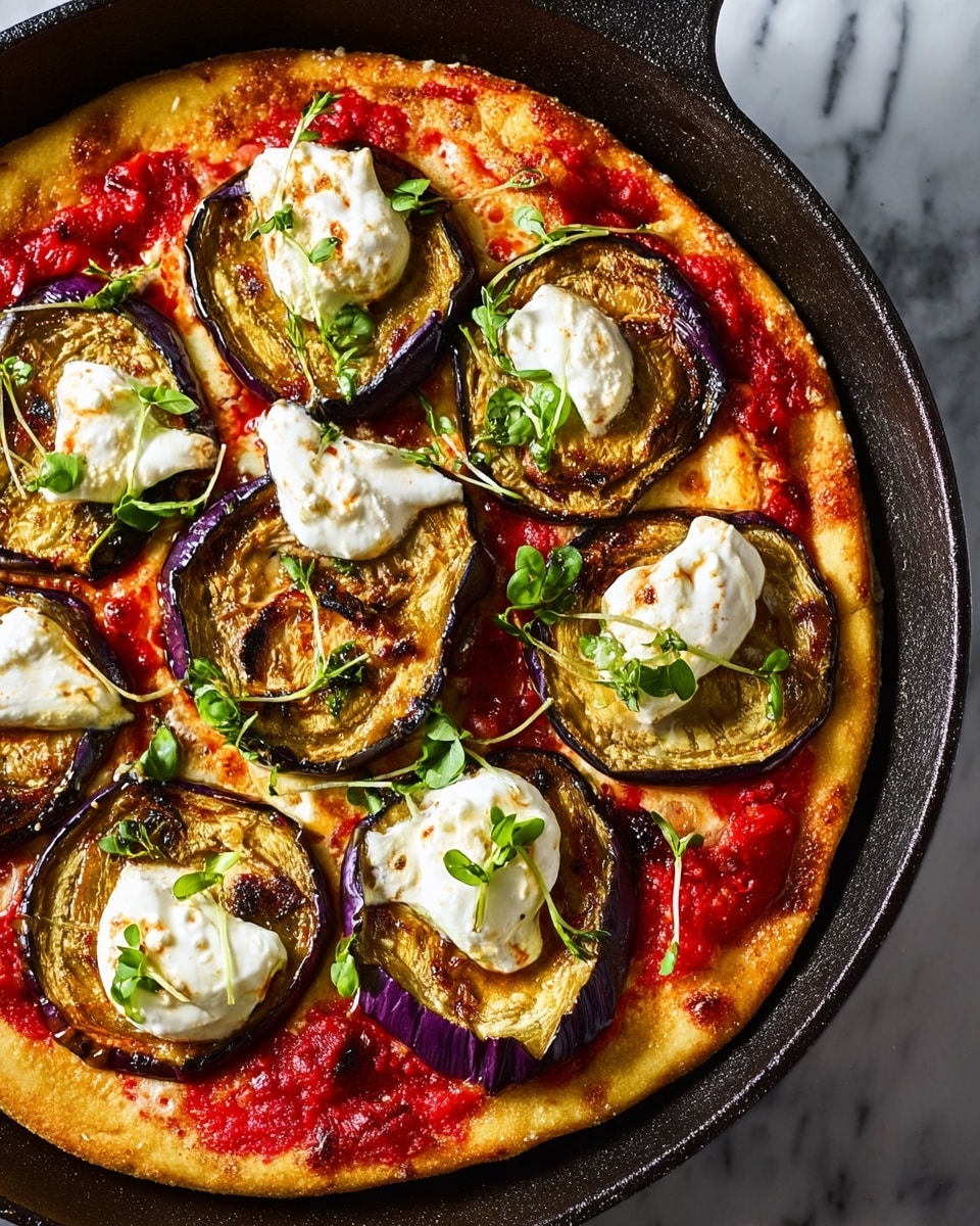 A round pizza with one thick golden-brown crust layer at the bottom, topped with a bright red tomato sauce spread evenly, followed by slices of cooked eggplant that are dark purple with browned edges scattered across the top. Small white dollops of soft cheese are placed over the eggplant, and fresh green chopped herbs are sprinkled lightly all over. The pizza is in a black pan, set on a white marbled surface. Photo taken with an iphone --ar 4:5 --v 7