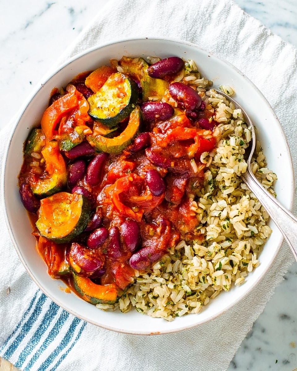 A white round plate sits on a white marbled surface with a white plate underneath and a silver spoon on the right side. The base layer on the plate is a mix of cooked brown rice and wild rice with green herbs, forming a textured, light brown bed. On top, there is a thick mixture of deep red kidney beans, chunky bright red tomato sauce, and slices of yellow and green zucchini. Red onion pieces and small cooked tomatoes are mixed into the sauce, creating a vibrant and colorful topping. The overall look is hearty with smooth and chunky layers, showing a homely, cooked meal. Photo taken with an iphone --ar 4:5 --v 7
