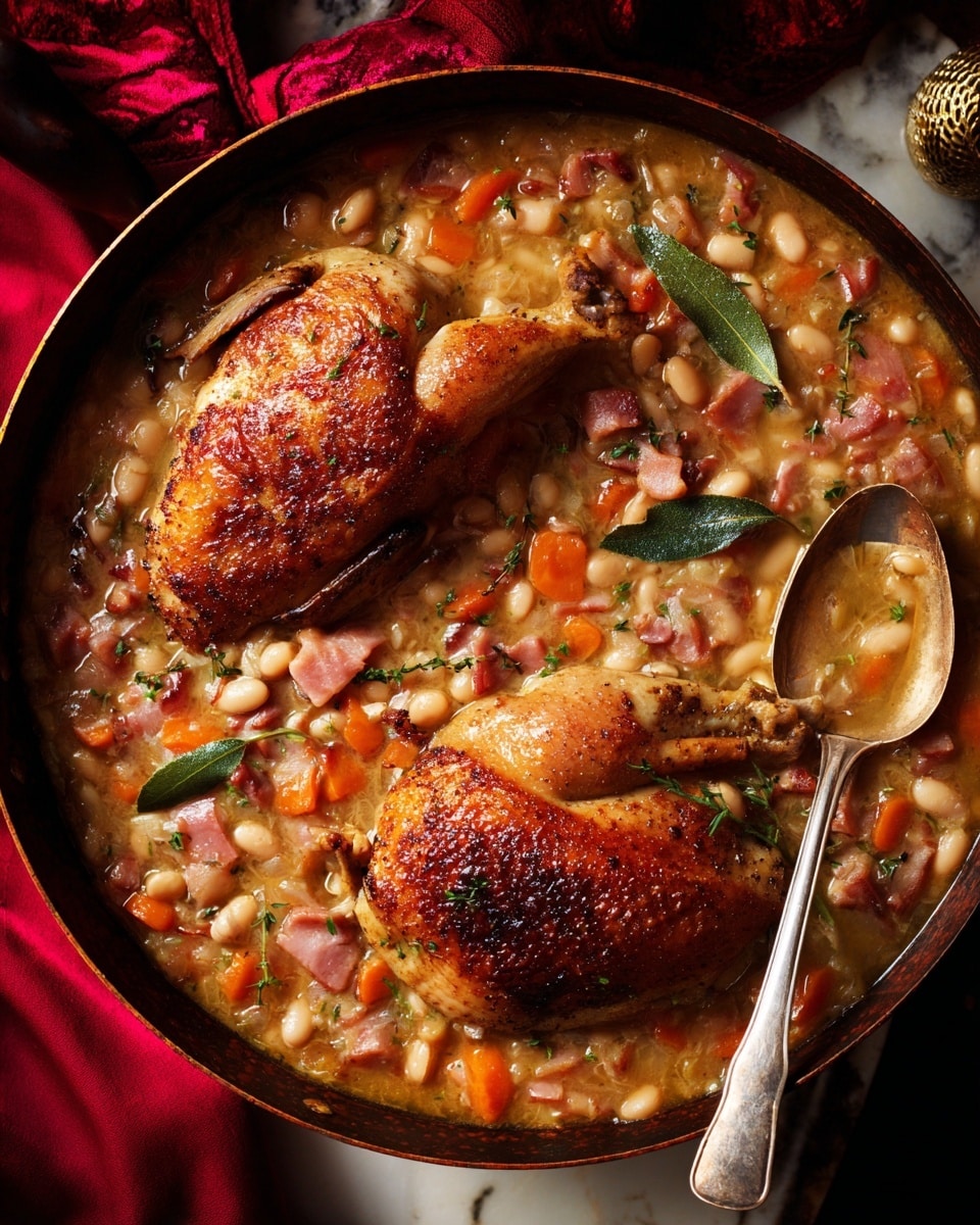 A close-up view of a dark round pan filled with a creamy stew that has soft white beans, small orange carrot cubes, diced pink ham, and green herbs. Two small golden-brown roasted birds with crispy skin lay on top, placed side by side. There are two green bay leaves visible in the stew. A shiny metal spoon rests inside the pan near the top right edge. The pan is set on a white marbled texture surface with a deep red cloth underneath the pan handle and a gold star decoration beside it. Photo taken with an iphone --ar 4:5 --v 7