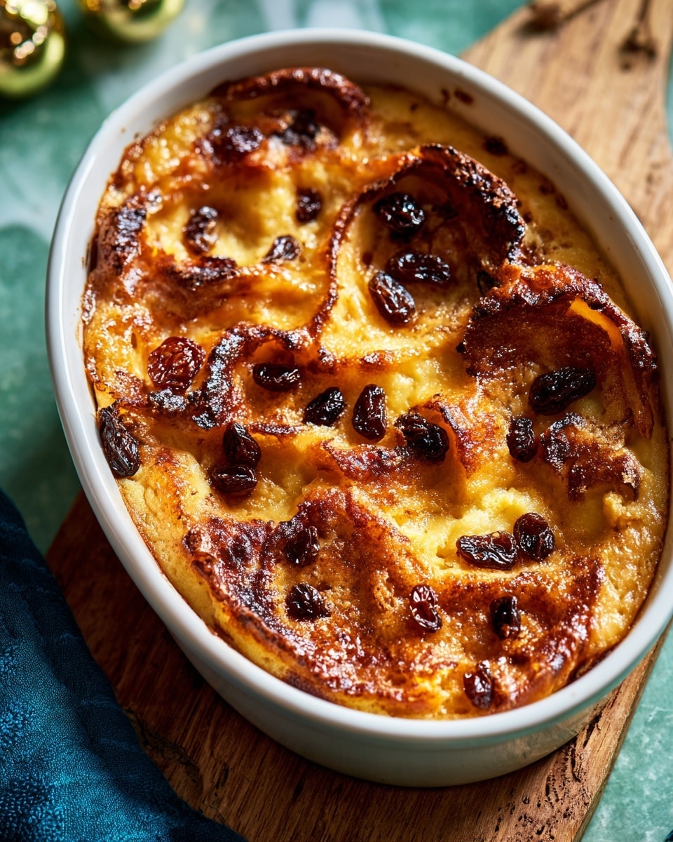 The dish shows a baked pudding in an oval white ceramic dish, with a single layer of golden-brown, crisp edges that curl up, resembling toasted bread or pastry. The surface is uneven with some parts darker and caramelized, and sprinkled with small, shiny dark raisins scattered on top. The background has a white marbled texture with a wooden board underneath the dish and a blue cloth beside it. The overall look is warm and rustic. photo taken with an iphone --ar 4:5 --v 7