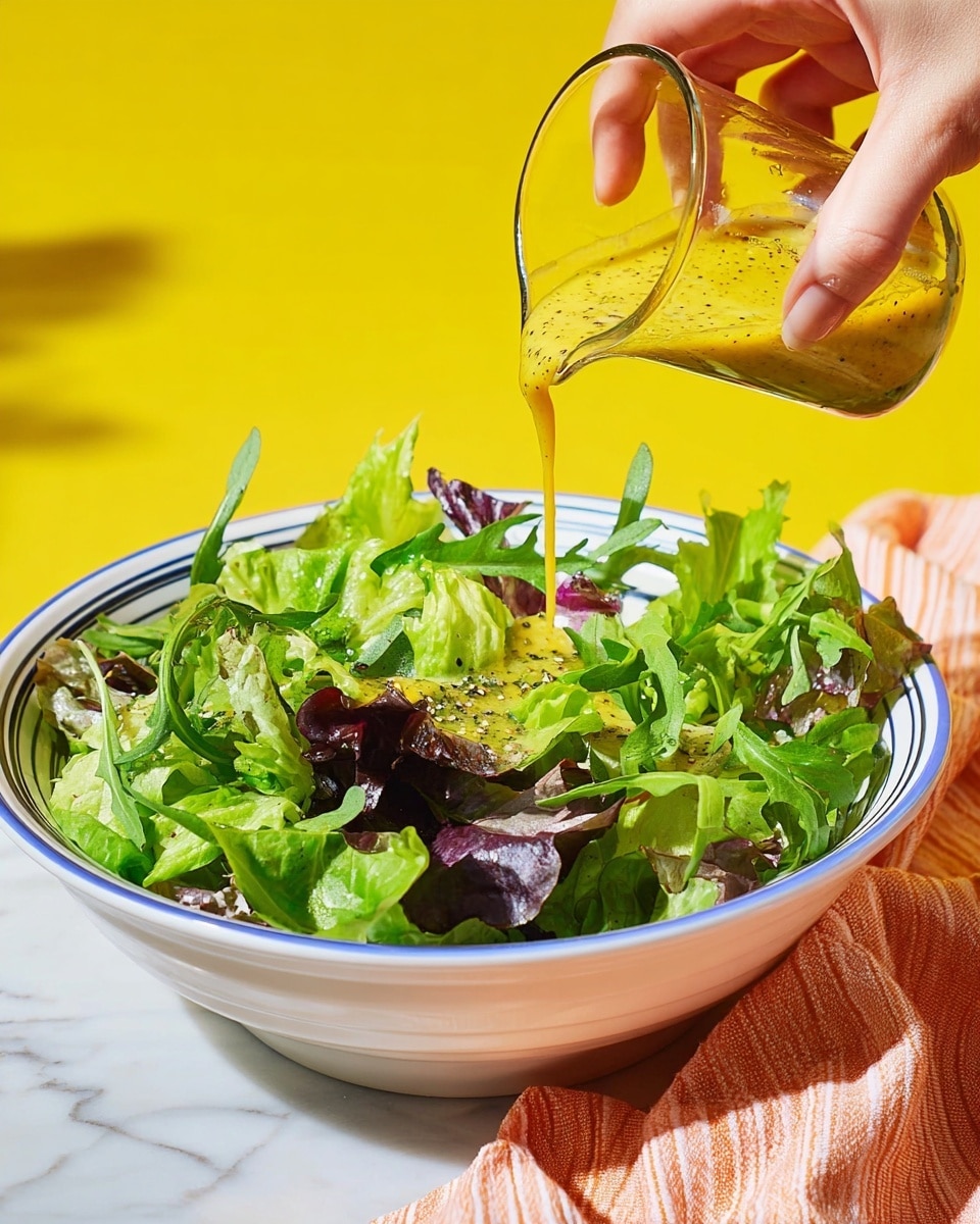 A white bowl with green and dark purple leafy lettuce fills most of the image, showing different leaf shapes and textures, some smooth and some curly. A woman's hand is pouring a creamy yellow dressing with specks of mustard seeds in a slow, smooth stream onto the salad. The bowl sits on a white marbled surface with a soft striped cloth partly visible underneath, and the background is a solid bright yellow, creating a fresh and colorful look. photo taken with an iphone --ar 4:5 --v 7