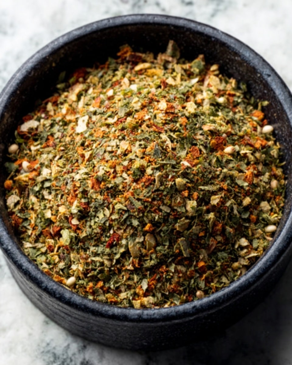 The image shows a close-up of a round white bowl filled with a dry mix of finely chopped herbs and spices. The mixture has layers of different colors and textures, with green leafy bits, small yellow seeds, light brown toasted pieces, and some tiny white flakes scattered evenly throughout. The bowl is placed on a soft, dark gray cloth, and the white marbled texture surface is just visible around the edges. The overall look is rustic and natural, focusing on the varied textures and colors of the spice blend. Photo taken with an iphone --ar 4:5 --v 7