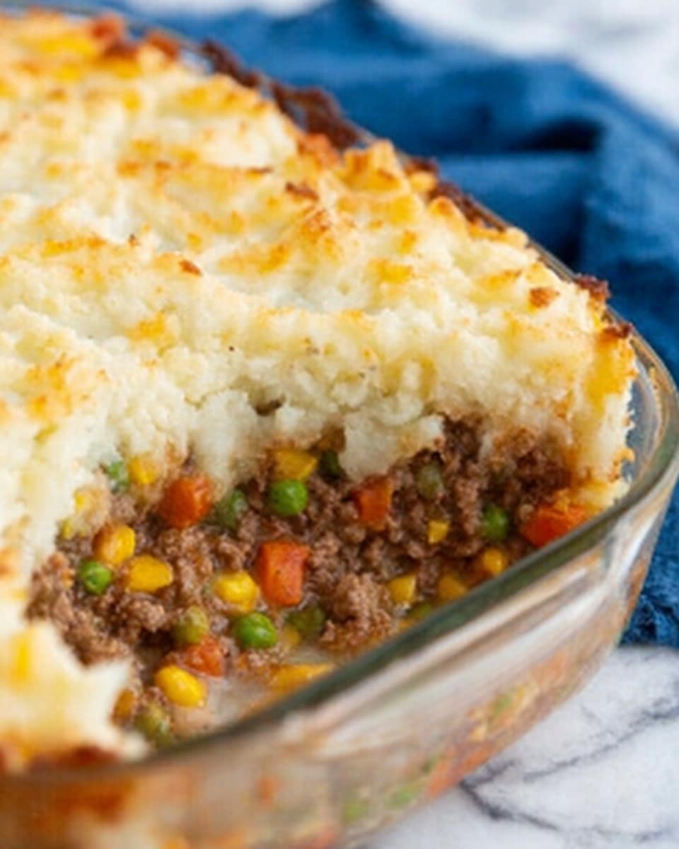 A close-up view of a baked shepherd's pie in a clear glass dish, showing two main layers. The bottom layer is a mix of cooked ground meat with small pieces of carrots, peas, and corn, creating a colorful and textured base with brown, orange, green, and yellow tones. The top layer is a thick, creamy mash of potatoes that is slightly browned and crispy on the surface, contrasting with the soft inside. The dish sits on a white marbled surface with a blurred blue cloth partially visible underneath. Photo taken with an iphone --ar 4:5 --v 7
