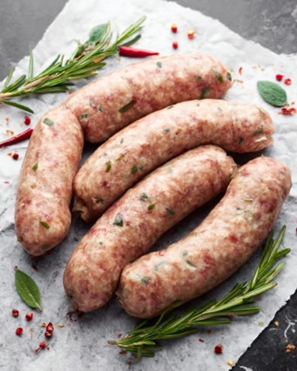 Five raw sausages with a pinkish color mixed with green herbs are placed close together on a crinkled gray surface. Around the sausages, there are scattered small red chili flakes and fresh green rosemary sprigs for decoration. The texture of the sausages looks smooth but slightly speckled with bits of seasoning visible inside the meat photo taken with an iphone --ar 4:5 --v 7