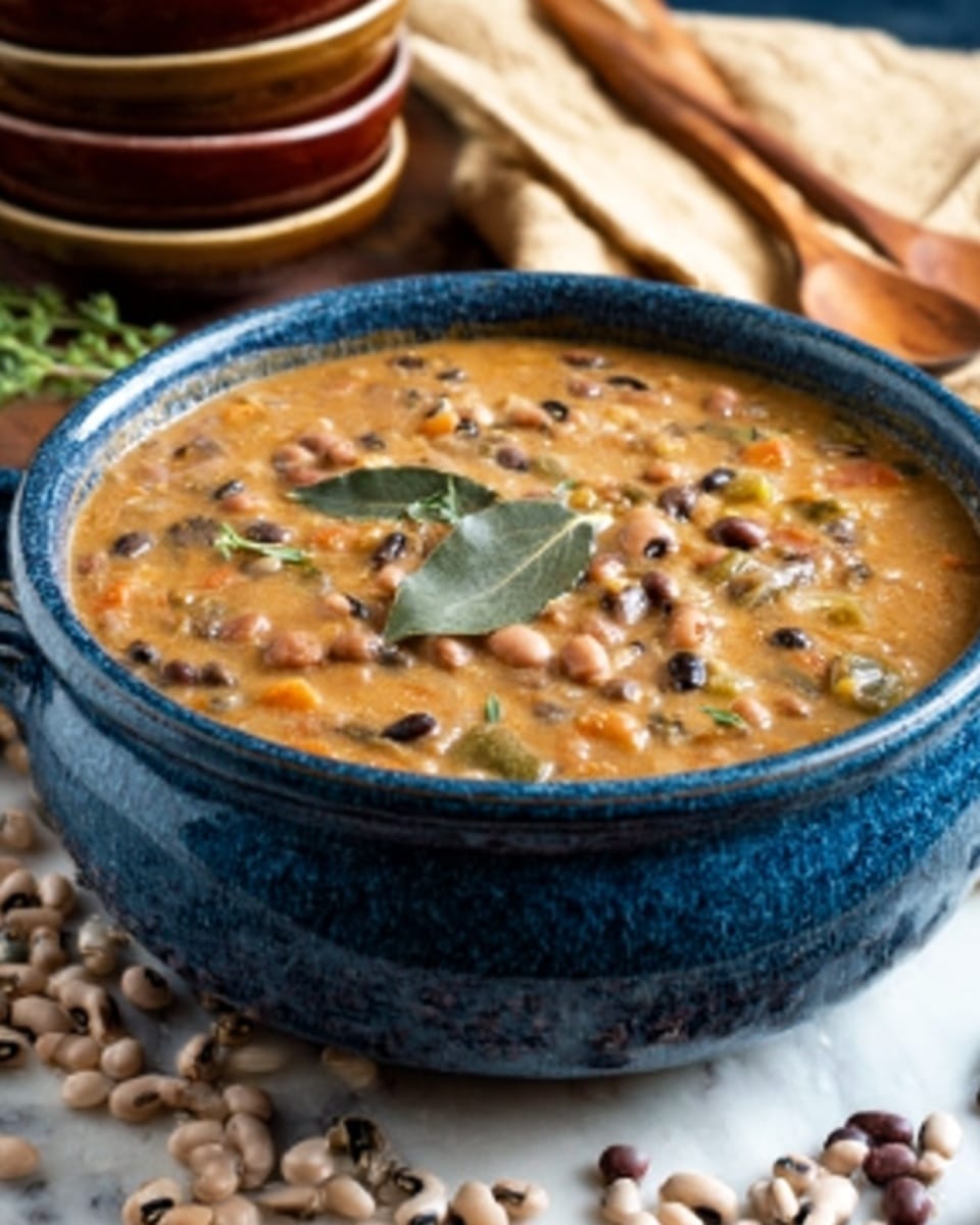 The image shows a thick stew filled with various beans and small green herbs, served in a blue ceramic pot with two small handles on each side. The stew is brown with visible beans in white, black, and dark brown colors mixed evenly throughout. A few bay leaves and fresh green herbs sit on top as garnish. The pot sits on a wooden surface with scattered dry beans all around it. In the background, there are some stacked brown bowls and a folded beige napkin on a white marbled texture. Photo taken with an iphone --ar 4:5 --v 7