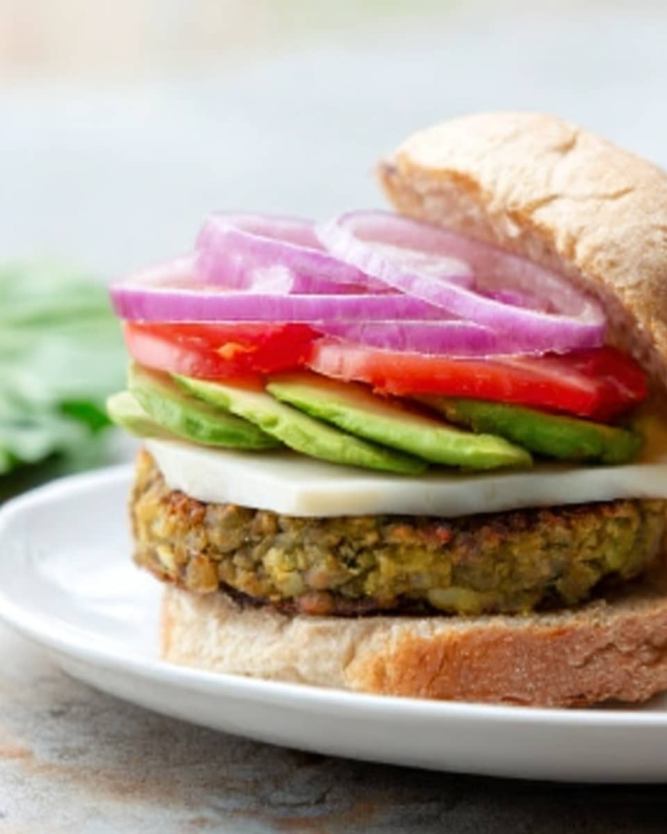 A close-up view of an open sandwich on a white plate, placed on a white marbled surface. The sandwich has four visible layers: at the bottom is a thick, textured veggie patty with a brownish-green color, topped with a layer of fresh green lettuce. Above the lettuce are slices of white cheese followed by two slices of bright red tomato. The top layer shows thin round slices of red onion, all stacked neatly on a soft white sandwich bun. Photo taken with an iphone --ar 4:5 --v 7