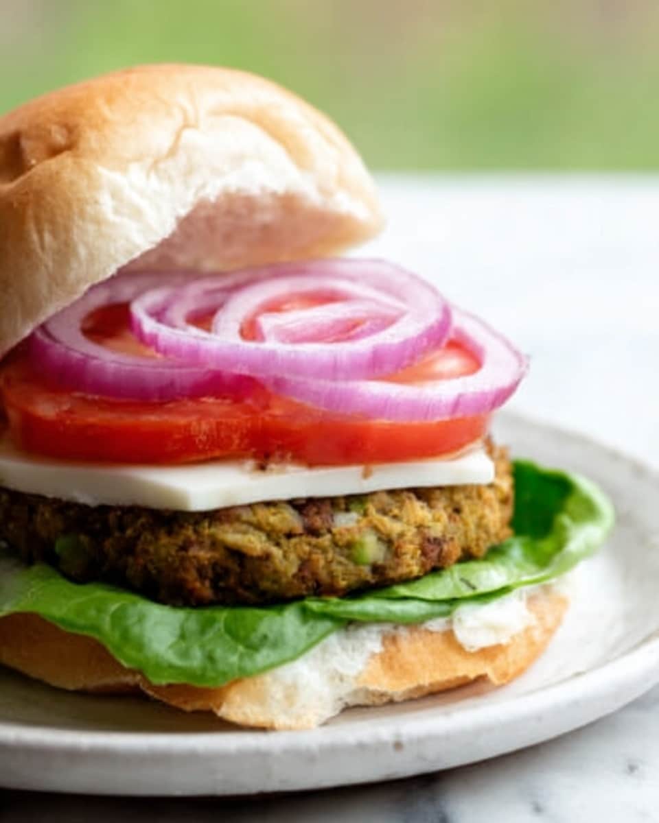 The image shows a close-up of a sandwich on a white plate set on a white marbled surface. The sandwich has four visible layers: at the bottom, there is a thick, light-colored bread slice with a rough texture. On top of this is a greenish-brown veggie patty with a coarse surface. Above the patty, several layers are stacked, including bright green avocado slices, a smooth layer of white cheese, thin slices of red tomato, and finally, thin purple-red onion rings on top. The sandwich’s top slice of bread is slightly out of focus in the background. Photo taken with an iphone --ar 4:5 --v 7