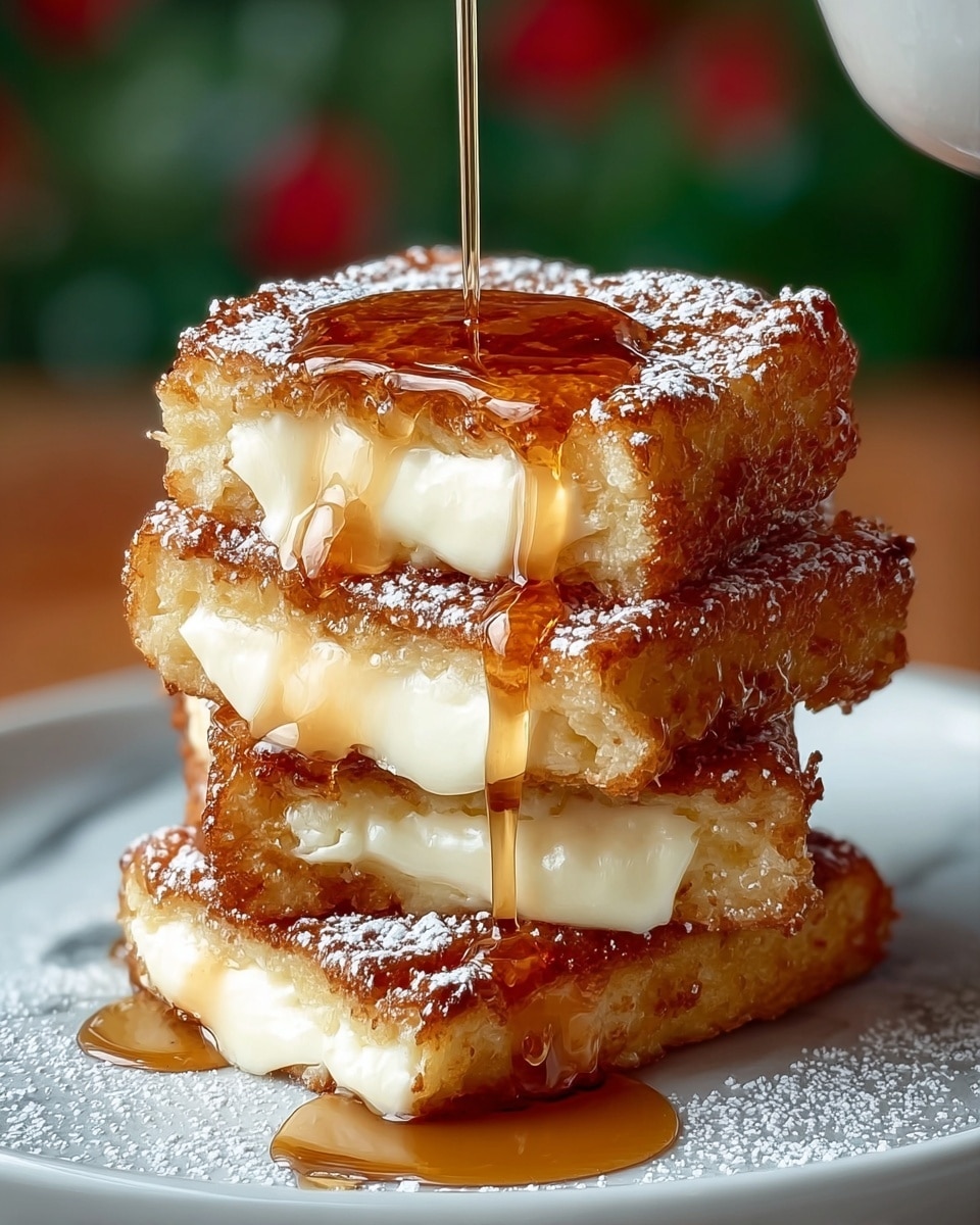 A stack of four golden-brown fried cheese-filled squares is shown on a white plate, with each piece having a crispy outside and smooth white melted cheese oozing from inside. The top square is being drizzled with thick amber syrup that flows down the sides and pools at the base. The squares are dusted with a light sprinkling of white powdered sugar, adding a soft texture contrast. The plate rests on a white marbled surface, and the background is blurred with hints of green and red tones. photo taken with an iphone --ar 4:5 --v 7