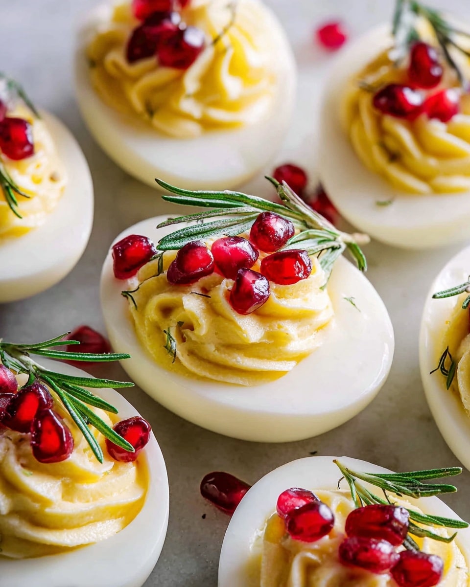 The image shows several halves of hard-boiled eggs placed on a white marbled surface, each filled with a piped swirl of creamy, pale yellow yolk mixture in the center. The filling is smooth with slight ridges from the piping and is topped with bright red, glossy pomegranate seeds and small sprigs of fresh green rosemary, creating a vibrant contrast with the smooth white egg whites. The eggs are closely arranged, highlighting the detailed texture and color of each layer. Photo taken with an iphone --ar 4:5 --v 7