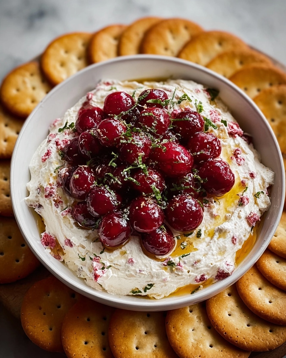 A round white bowl sits in the center filled with a thick, creamy mixture that is white with small red specks swirled throughout, creating a textured look; the creamy layer is topped with a shiny layer of dark red berries and fresh green herb pieces, along with a drizzle of golden oil pooling slightly around the berries. Surrounding the bowl is a neat circle of golden brown crackers with small holes in the middle. The bowl is placed on a white marbled surface. photo taken with an iphone --ar 4:5 --v 7
