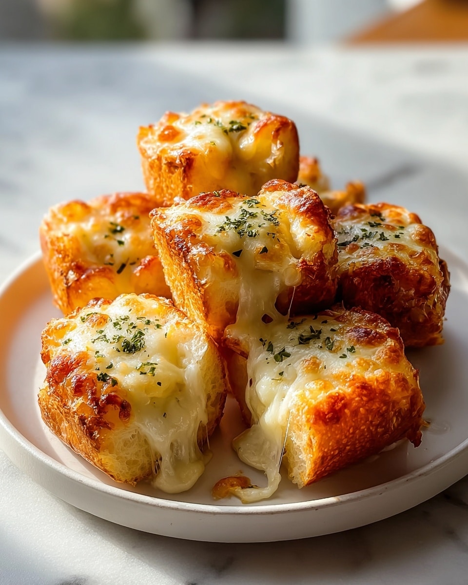 The image shows six small pieces of golden-brown bread, each topped with melted, gooey cheese that drips slightly over the edges, creating a stretchy texture. The cheese is browned in spots with a crispy look and sprinkled with small green herbs for garnish. The bread pieces are arranged closely together in a roughly pyramid shape on a round white plate, which sits on a white marbled surface with soft natural light shining from the side, giving the dish a warm and inviting appearance. Photo taken with an iphone --ar 4:5 --v 7