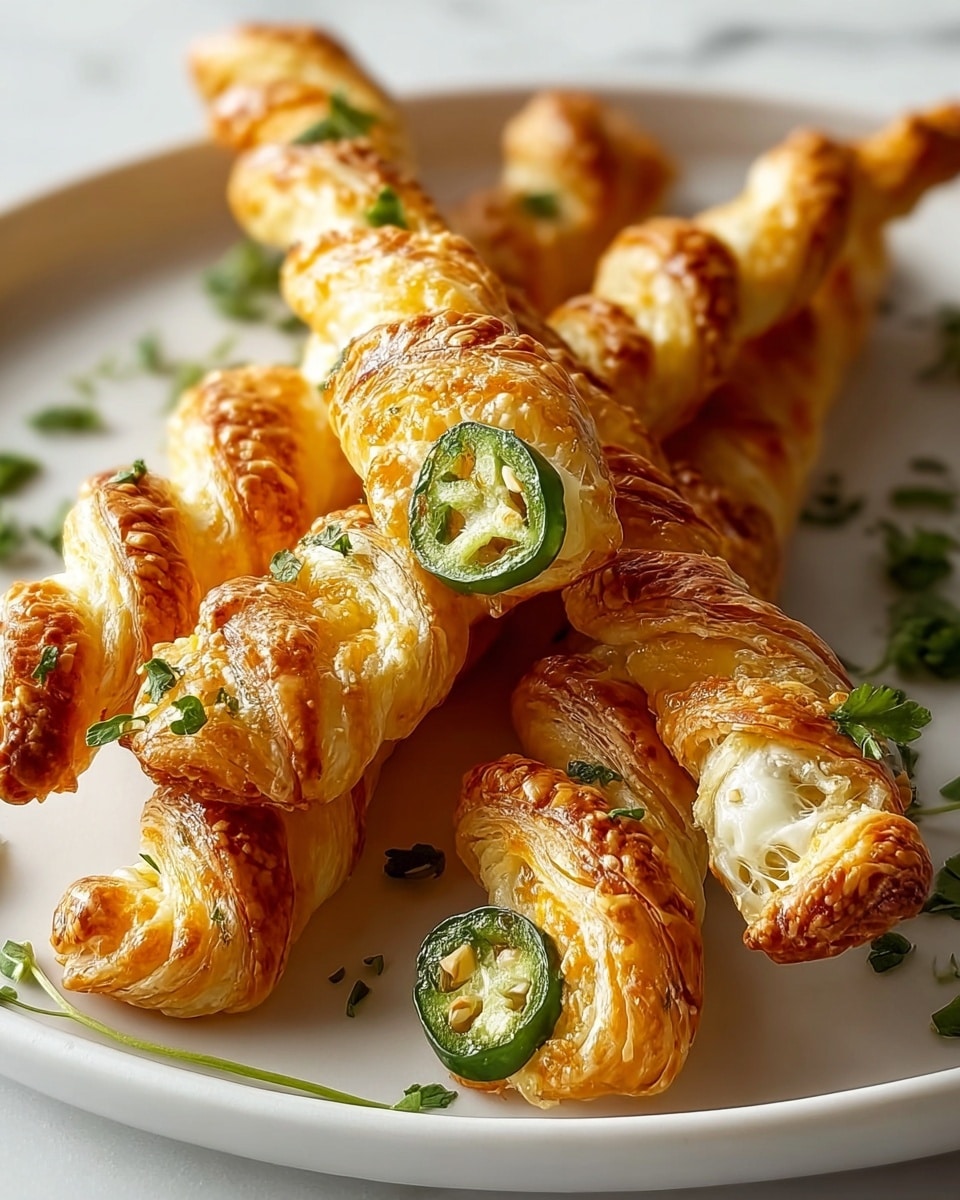 The image shows several golden-brown, crispy puff pastry sticks arranged in a pile on a white plate. Each stick has a rough, flaky texture with a melted, slightly browned cheese layer on top that gives a shiny appearance. Inside the pastry sticks, slices of green jalapeño peppers are visible, adding a pop of color among the golden cheese and pastry layers. Small pieces of fresh green herbs are sprinkled lightly on and around the sticks, adding freshness. The background features a soft white marbled texture, and the photo has natural lighting with a shallow depth of field that highlights the pastries' details in focus. photo taken with an iphone --ar 4:5 --v 7