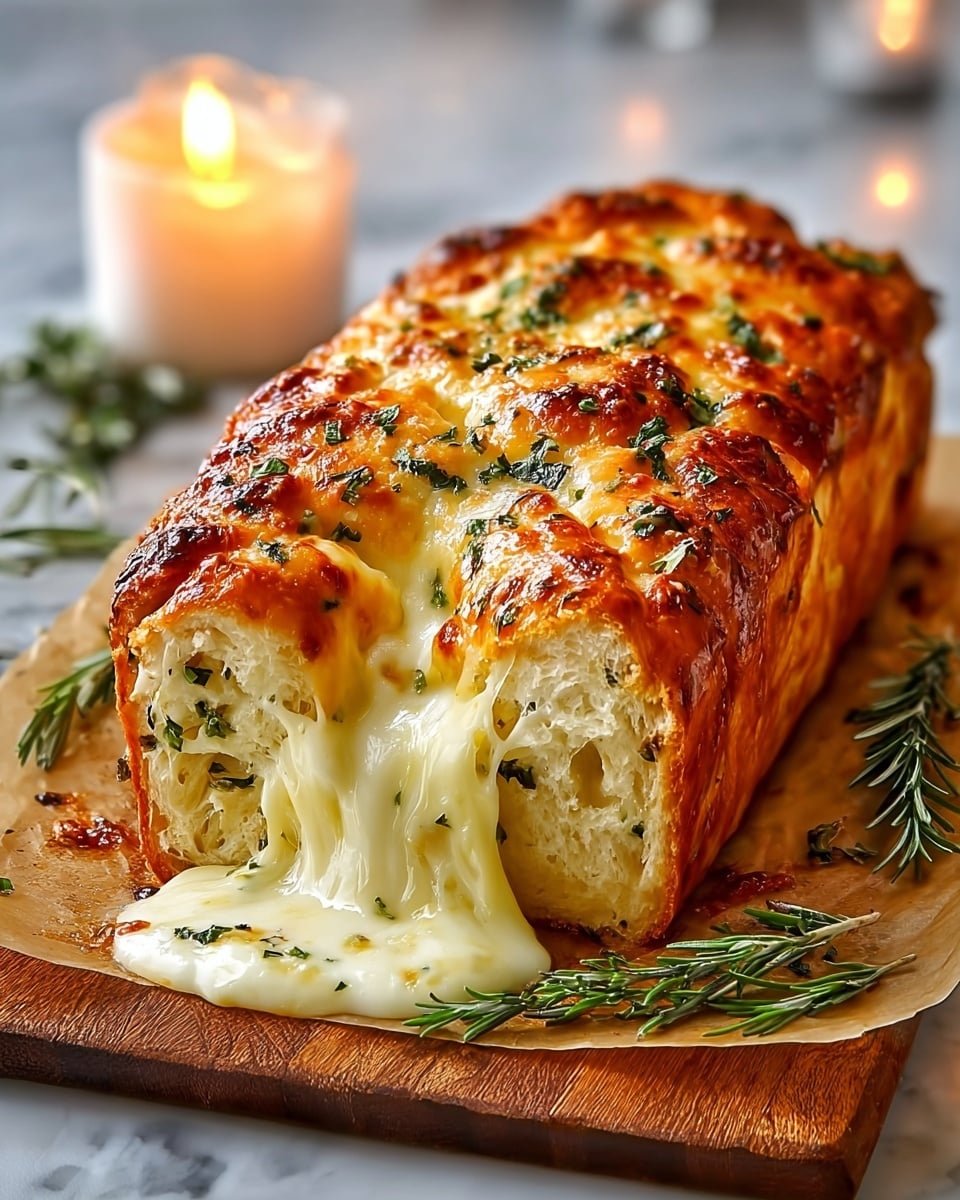 A golden brown loaf of bread with a crispy top layer covered in melted, bubbly cheese, slightly browned and textured with small sprigs of green herbs scattered on top. The middle layer shows stretchy, gooey white cheese oozing out, creating a soft and creamy texture that flows down the side of the bread. The bottom layer is the soft, airy bread with a light interior visible where the cheese is stretching. The loaf rests on parchment paper on a wooden board, against a white marbled texture background, with some fresh herb sprigs around. In the background, there is a small lit candle in a white holder. photo taken with an iphone --ar 4:5 --v 7