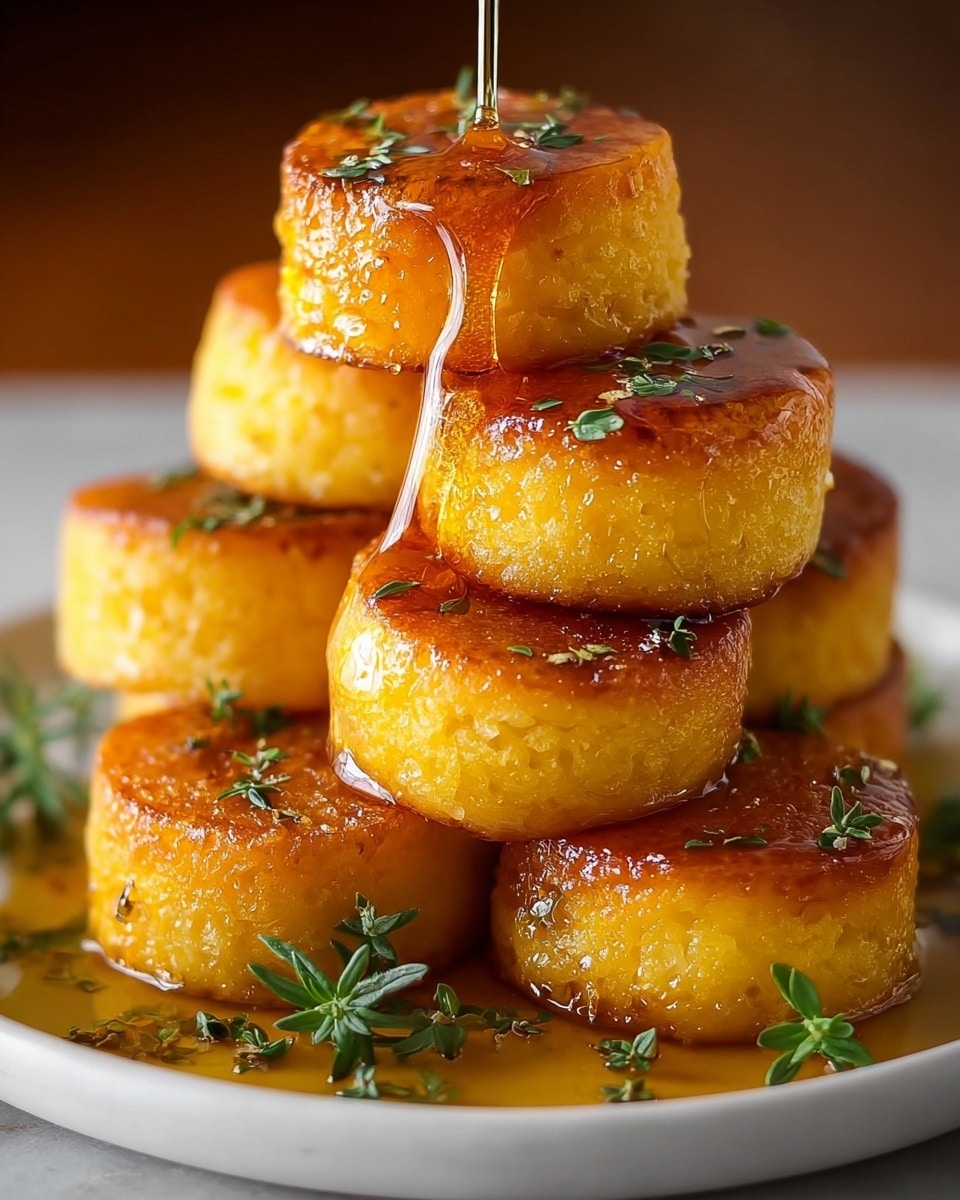 A stack of seven golden brown, round cornbread muffins with a crispy, caramelized top layer and a moist, yellow crumbly texture underneath, arranged in a pyramid on a white plate. A golden honey drizzle flows smoothly over the top muffin and cascades down to the ones below, enhancing the glossy surface. Small green herb leaves are scattered on and around the muffins, adding a fresh touch. The plate is set on a white marbled background. photo taken with an iphone --ar 4:5 --v 7