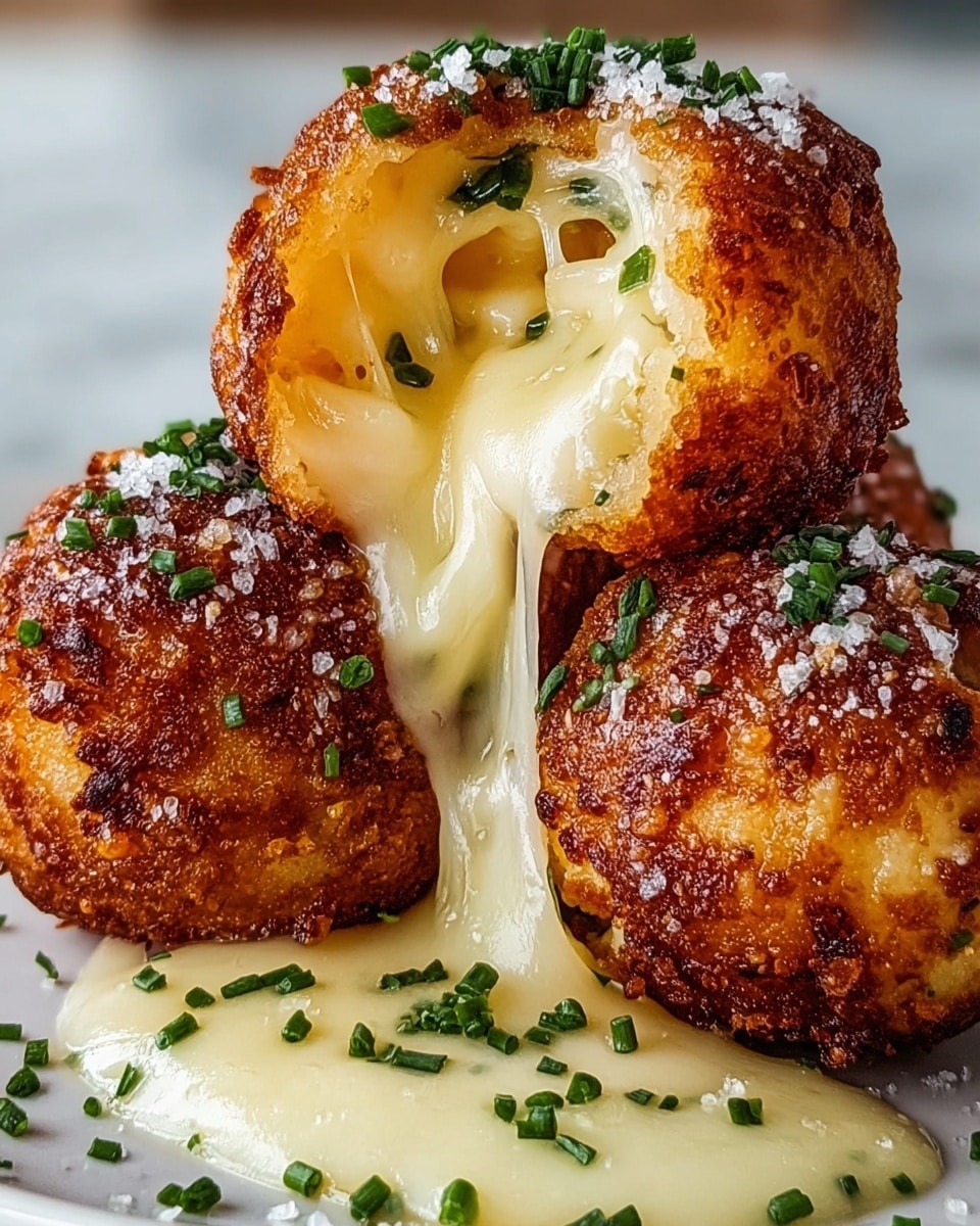 The image shows three golden brown fried cheese balls stacked on a white plate on a white marbled surface. The top cheese ball is cut open, revealing soft melted cheese dripping out, creamy white with bits of green herbs inside. The exterior of the balls is crispy and textured with a rich brown color. The cheese balls are sprinkled with coarse salt and finely chopped green chives both on top and around them, adding contrast in color and freshness. The lighting highlights the shiny, gooey cheese and the crunchy crust, making the dish look warm and delicious photo taken with an iphone --ar 4:5 --v 7