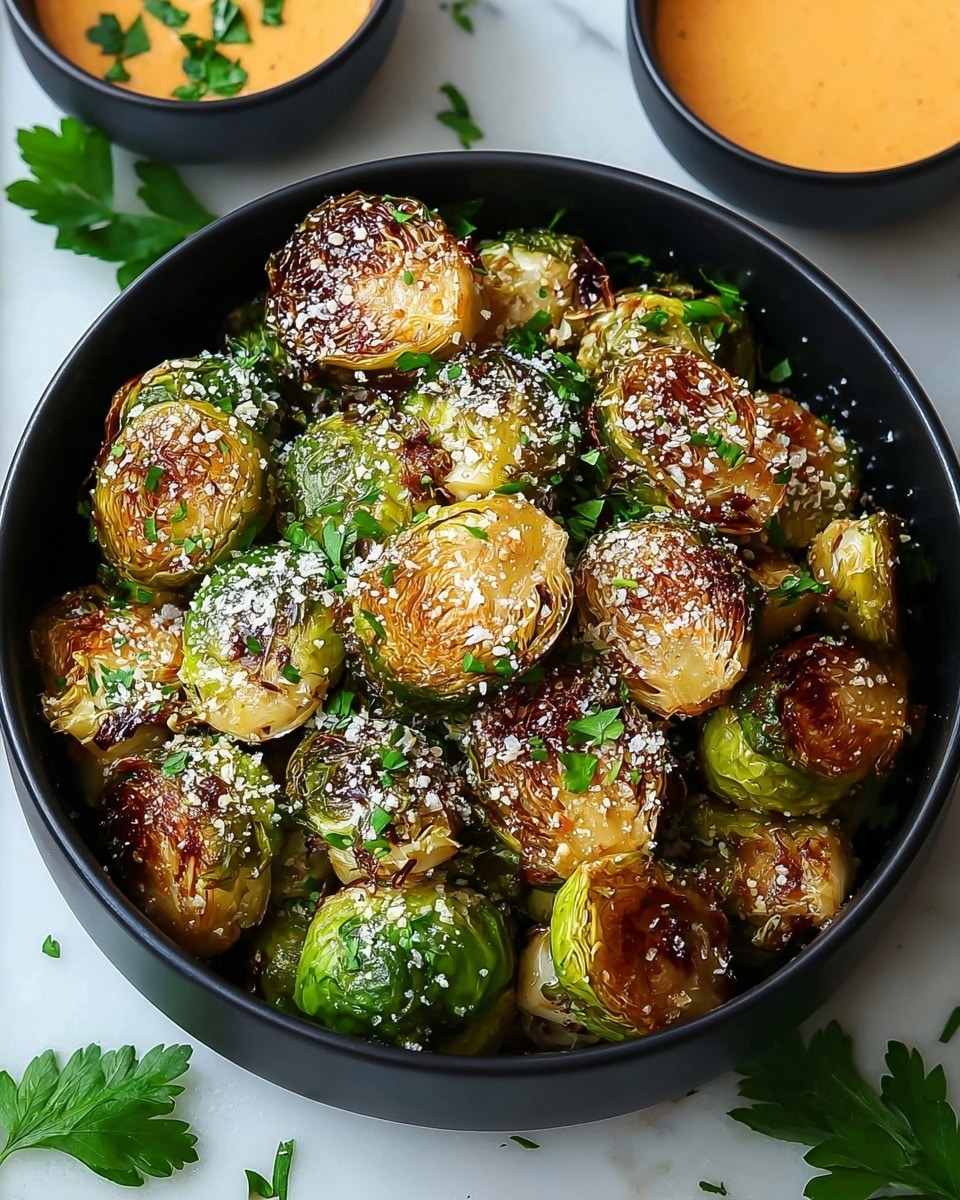 A black bowl filled with about two layers of roasted Brussels sprouts, each sprout showing a mix of bright green outer leaves and golden to dark brown crispy edges. The sprouts are topped with small white granules of grated cheese and scattered chopped green parsley leaves, adding texture and color contrast. Around the bowl on a white marbled surface, there are some loose parsley leaves and parts of other black bowls with sauces visible at the corners of the frame. Photo taken with an iphone --ar 4:5 --v 7