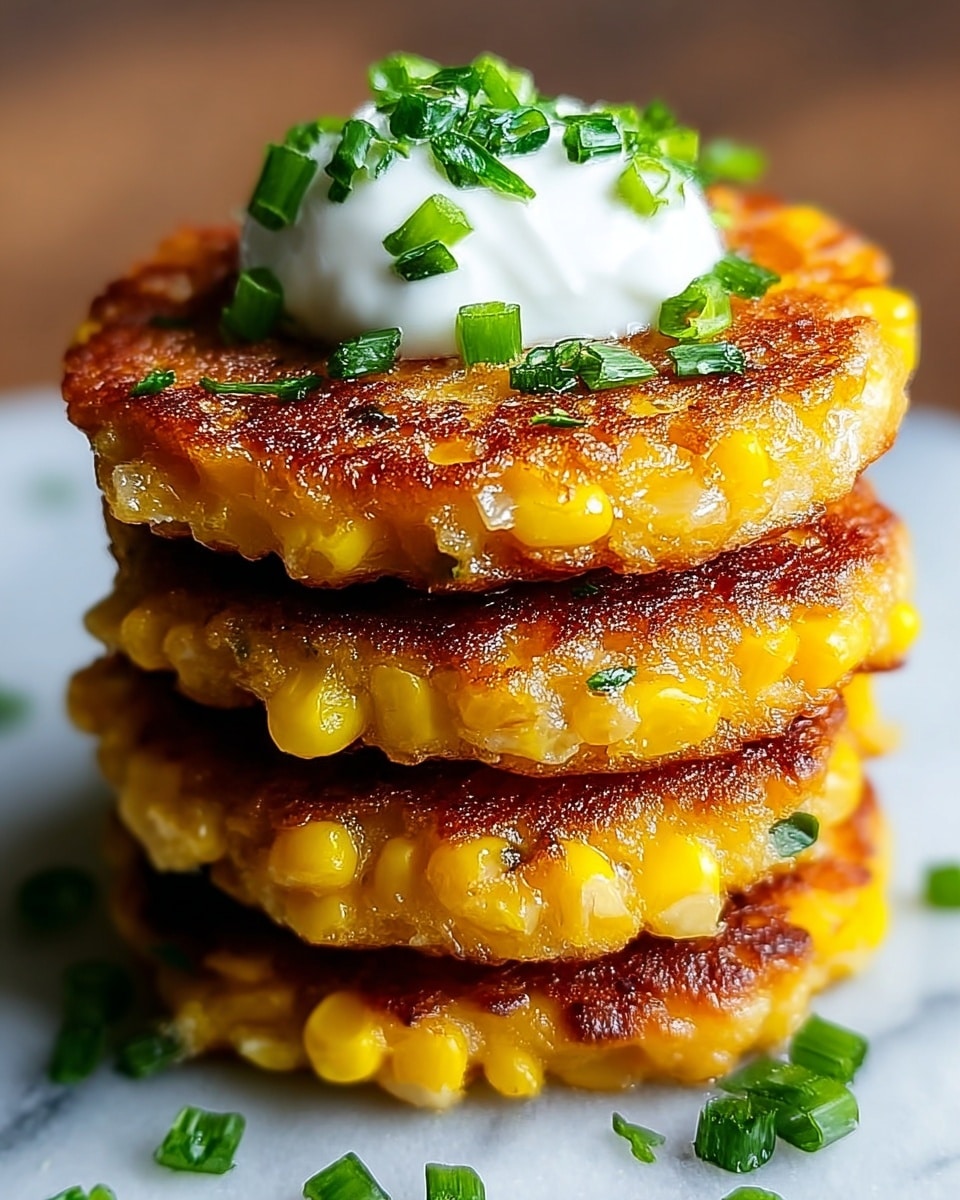 A stack of four golden brown corn fritters sits on a white plate, each fritter showing pieces of bright yellow corn kernels and bits of white onion within a crispy, slightly crunchy texture. The fritters are layered evenly, with the top one crowned by a dollop of smooth white sour cream garnished with small chopped green herbs. Around the base of the stack, fresh chopped green onions are scattered, adding a fresh pop of color, all set on a white marbled surface. photo taken with an iphone --ar 4:5 --v 7