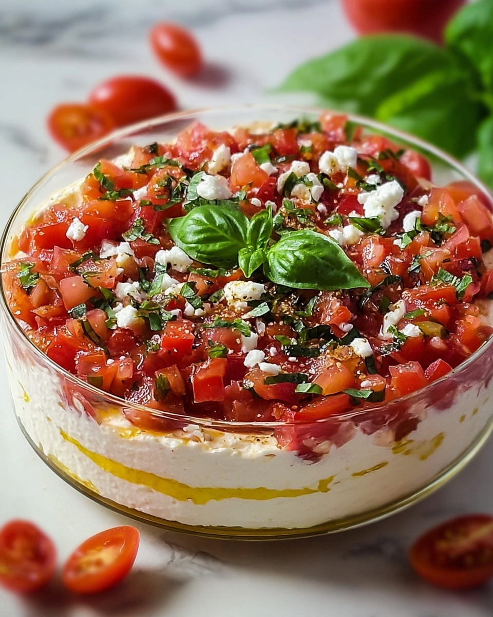 A clear round glass bowl filled with three visible layers: the bottom layer is thick and creamy white, the middle layer is covered with a drizzle of golden olive oil, and the top layer is a colorful mix of finely diced red tomatoes with bits of green basil leaves scattered throughout, sprinkled with small white cheese crumbs. A small bunch of basil leaves sits fresh in the center as a garnish. The bowl is set on a wooden board, with some diced tomatoes and basil leaves around it, all placed on a white marbled background. Photo taken with an iphone --ar 4:5 --v 7