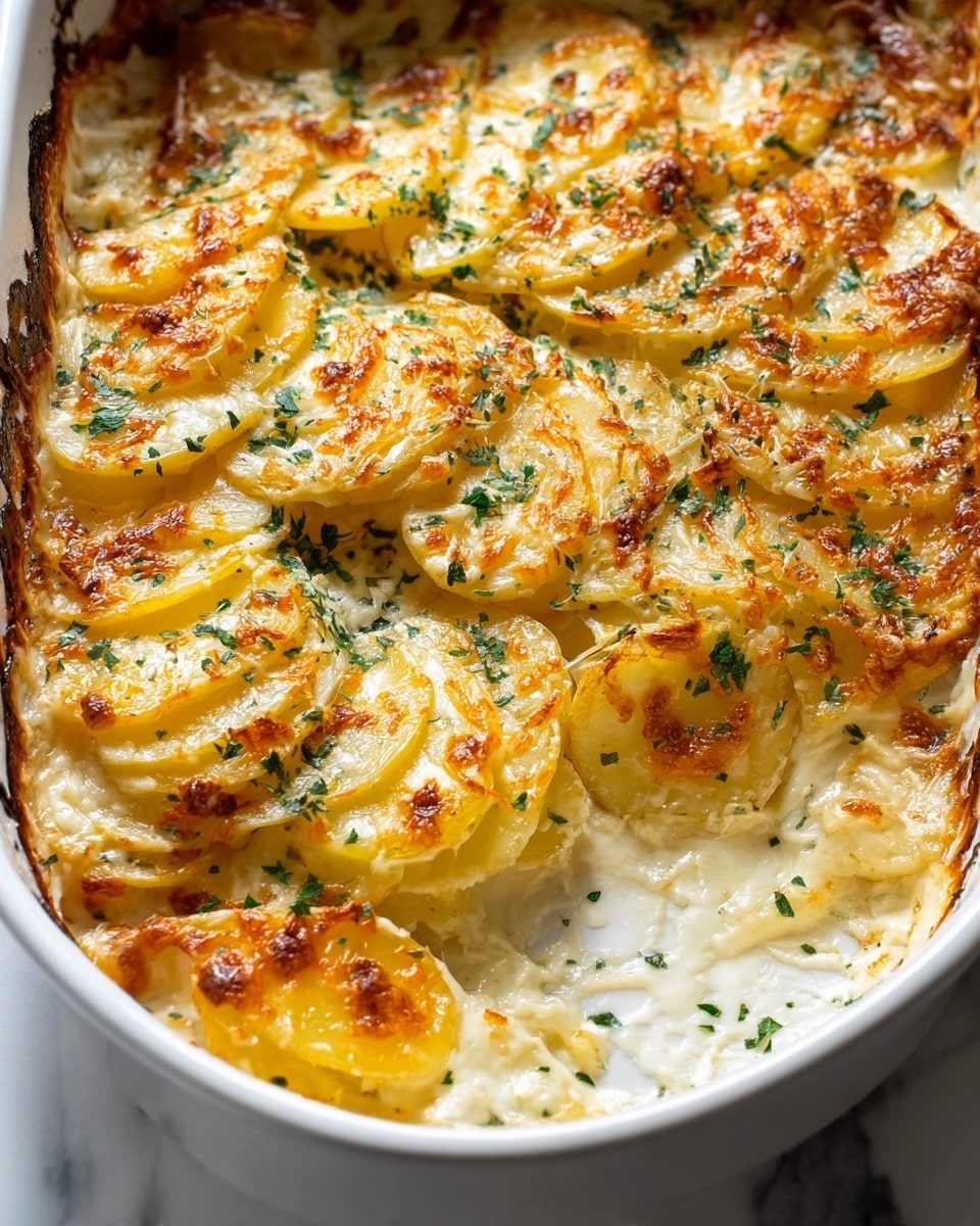 A white baking dish filled with baked potato gratin showing neat layers of thinly sliced golden yellow potatoes stacked upright in rows, covered in creamy white sauce and bubbly melted cheese with a golden brown crust. The top layer is browned and crispy with melted cheese spots, sprinkled with finely chopped green herbs. Some sauce bubbles and melted cheese spill slightly over the edge, revealing a soft and creamy texture beneath the crispy top. The dish sits on a white marbled texture. photo taken with an iphone --ar 4:5 --v 7