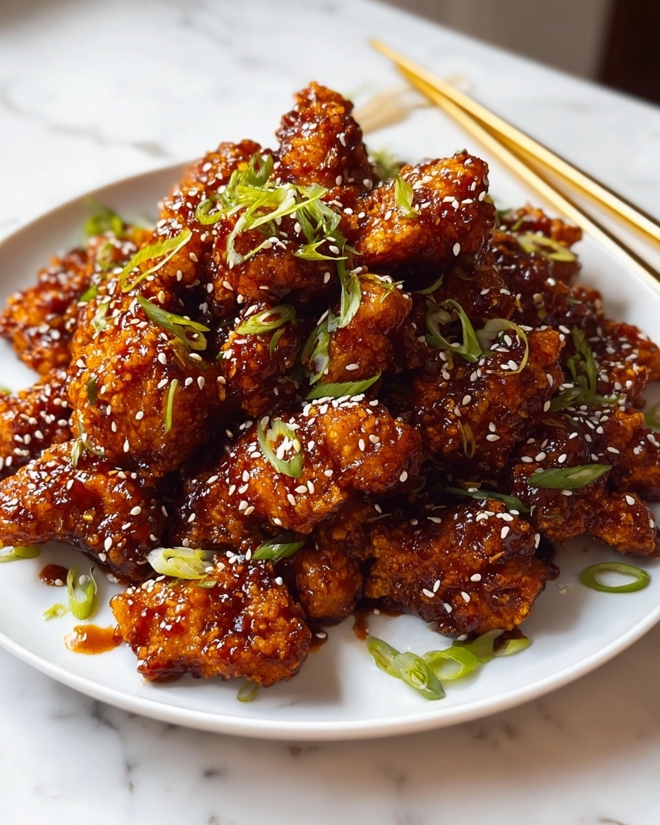 A white plate is heaped with glossy, deep golden-brown fried chicken pieces coated in a sticky, shiny sauce. The chicken has a crispy texture beneath the sauce, and the pieces are sprinkled with small white sesame seeds and thin slices of fresh, bright green scallions spread evenly on top and scattered around the plate. In the blurred background, a pair of wooden chopsticks rests on the edge of the plate, all set on a white marbled surface. photo taken with an iphone --ar 4:5 --v 7