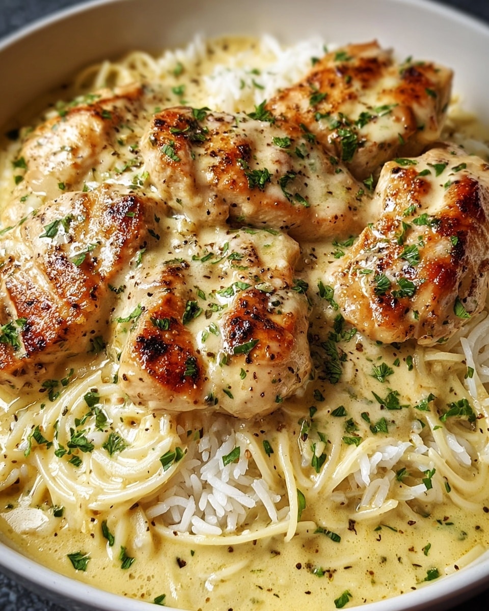 A close-up view of a white bowl filled with a base layer of white rice mixed with thin spaghetti noodles, both soaked lightly in a creamy, pale yellow sauce. On top, there are seven pieces of grilled chicken breast, browned with a slightly crispy texture, generously covered in a thick, creamy sauce speckled with black pepper and fresh green parsley flakes. The chicken pieces are arranged loosely across the middle of the bowl, giving a rich, hearty look. The background is a white marbled texture. Photo taken with an iphone --ar 4:5 --v 7