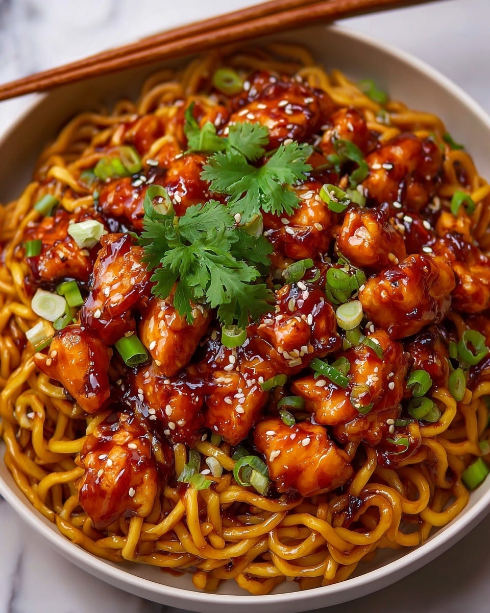 A bowl of cooked noodles forms the base layer, showing soft, slightly shiny, light brown strands in a loose pile. On top, there are pieces of chicken covered in a thick, glossy, dark reddish-brown sauce that glistens under the light. The dish is sprinkled with small, chopped green onion pieces and white sesame seeds, giving bright green and white spots against the sauce. Some sprigs of fresh green herbs add extra color and texture to the top. The bowl is white and sits on a white marbled surface. Photo taken with an iphone --ar 4:5 --v 7