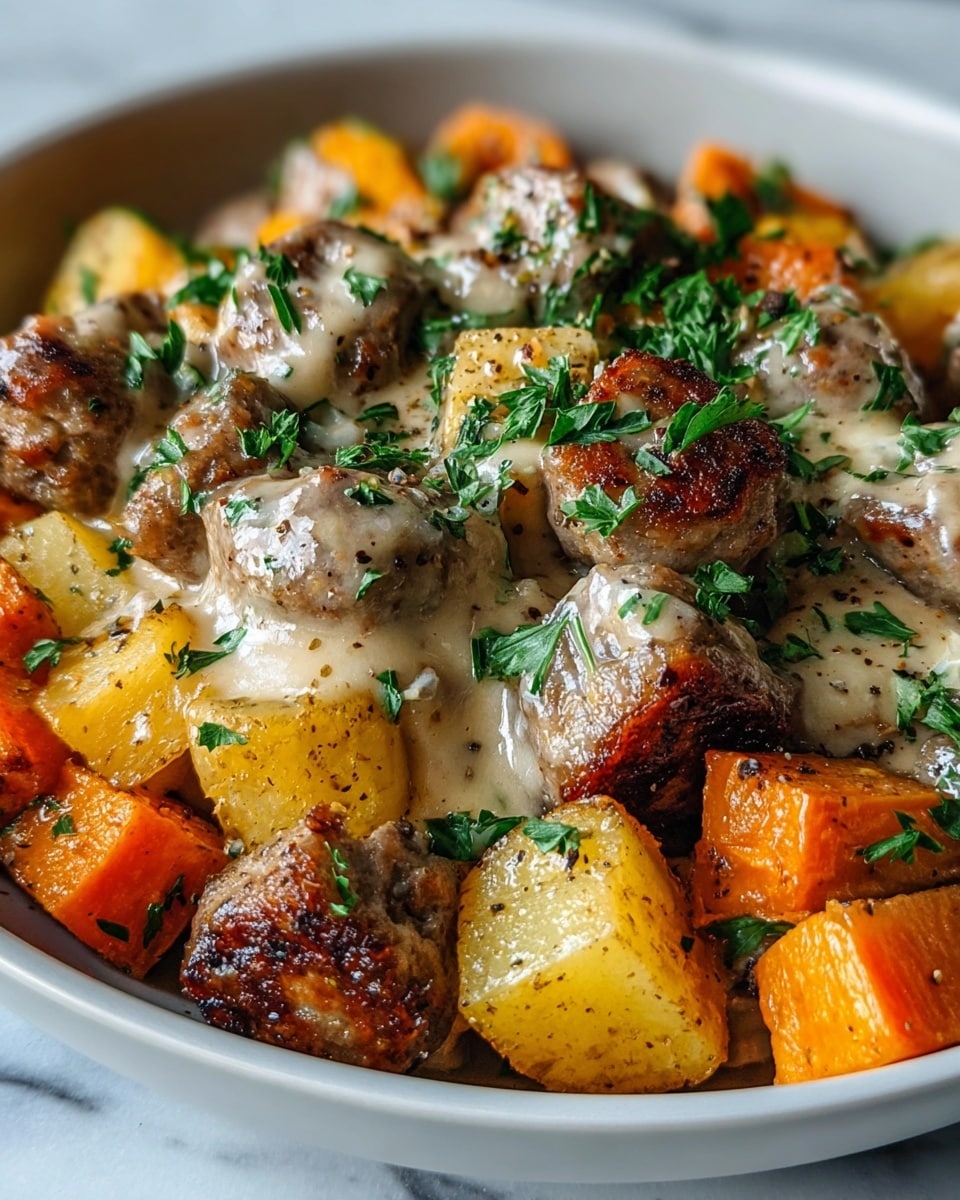 The dish is in a white bowl filled with three layers: large chunks of golden brown roasted potatoes on the bottom, followed by crispy browned sausage pieces evenly spread on top, all covered with a smooth, light beige melted cheese sauce. Small green parsley leaves are sprinkled over the cheese and sausage, adding a fresh touch of color. There are hints of black pepper visible on the potatoes and cheese, and the bowl sits on a white marbled surface. The photo taken with an iphone --ar 4:5 --v 7