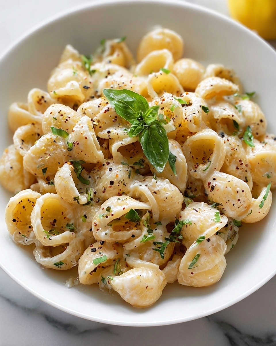 A close-up of a white bowl filled with creamy pasta made of small round tube shapes. The pasta is covered in a smooth, light cream sauce with a few small green herb pieces scattered evenly on top. There is a sprinkle of coarse black pepper spread across the pasta. A fresh green basil leaf sits in the center, adding a pop of color. The bowl is placed on a white marbled surface, with soft natural light highlighting the textures. Photo taken with an iphone --ar 4:5 --v 7