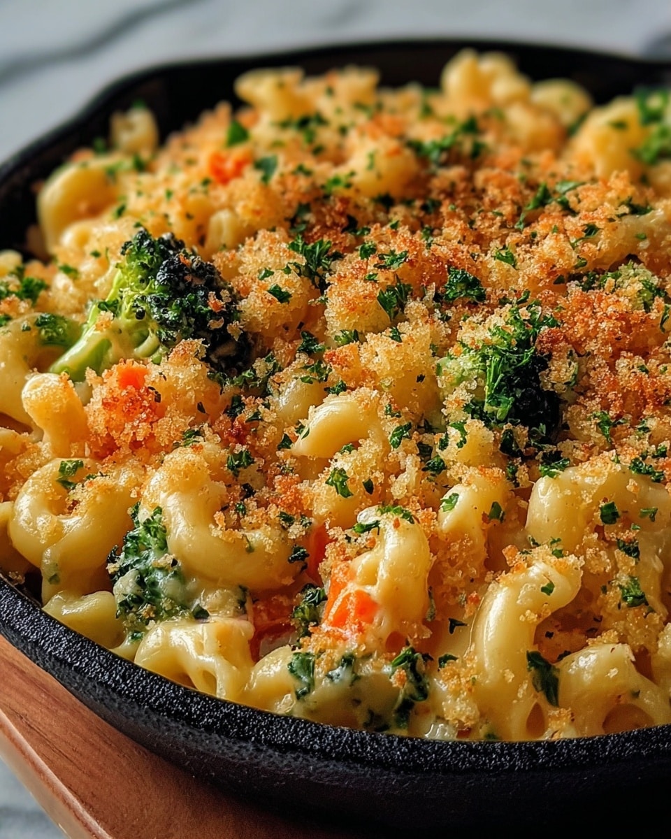 A close-up of a creamy macaroni and cheese dish served in a black cast iron skillet, showing three main layers: the soft pale yellow macaroni pasta forming the base layer, topped with small bright green broccoli florets scattered evenly, and a golden brown crunchy breadcrumb topping sprinkled all over. The dish is garnished with finely chopped fresh green herbs, adding spots of color throughout. The skillet sits on a white marbled surface, capturing the warm, cheesy texture and the contrast between the soft pasta and crispy crumbs. Photo taken with an iphone --ar 4:5 --v 7
