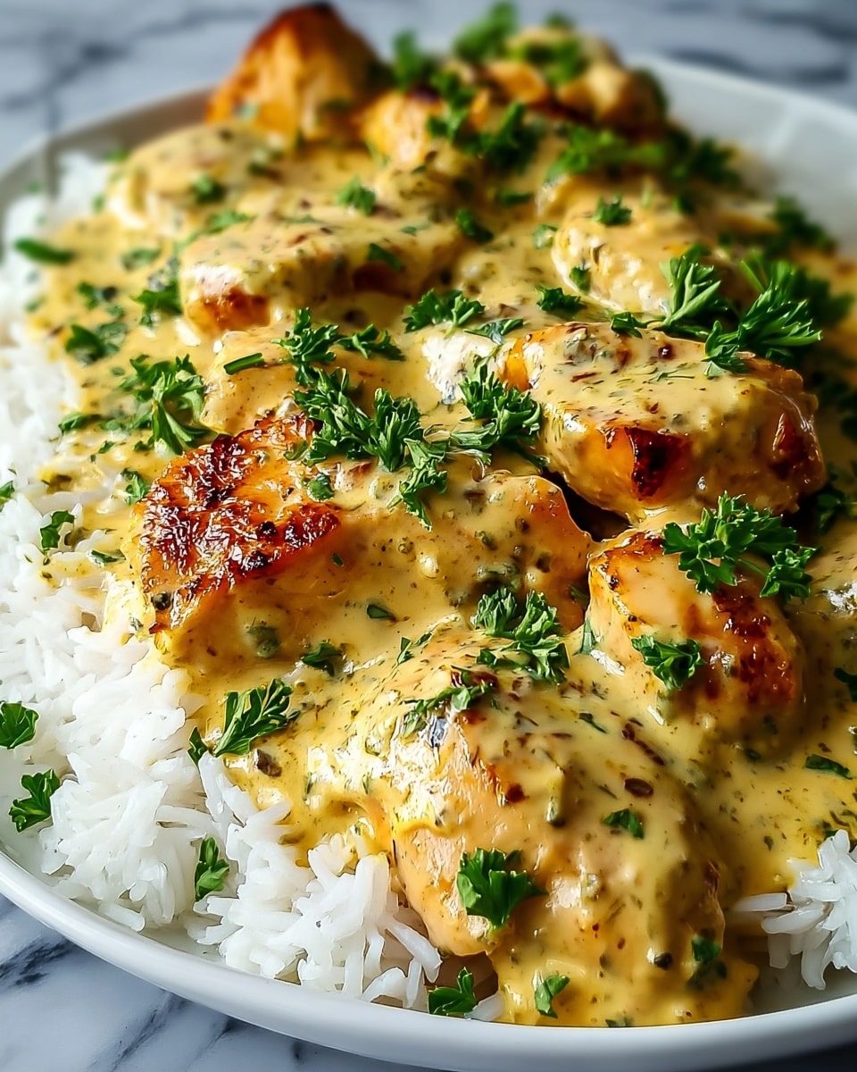 A white bowl holds a base layer of fluffy white rice with soft, separated grains. On top, there are several pieces of golden-brown cooked chicken, slightly charred with a crispy texture. These chicken pieces are generously covered with a thick, creamy sauce that is light yellow with hints of green from chopped herbs mixed within. Fresh chopped green parsley is sprinkled over the sauce, adding a burst of color and freshness. The dish is presented on a white marbled surface. photo taken with an iphone --ar 4:5 --v 7