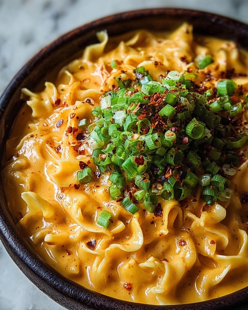A close-up image of a bowl filled with creamy yellow noodles in soup, the noodles are thick and wavy with a smooth, glossy texture. On top, there is a generous layer of chopped bright green scallions, scattered across the center, adding a fresh pop of color. Around the scallions, there are small reddish-brown chili flakes sprinkled evenly, giving a spicy look to the dish. The bowl itself is dark and rustic, contrasting with the vibrant food inside, and the whole scene is set on a white marbled textured surface. photo taken with an iphone --ar 4:5 --v 7