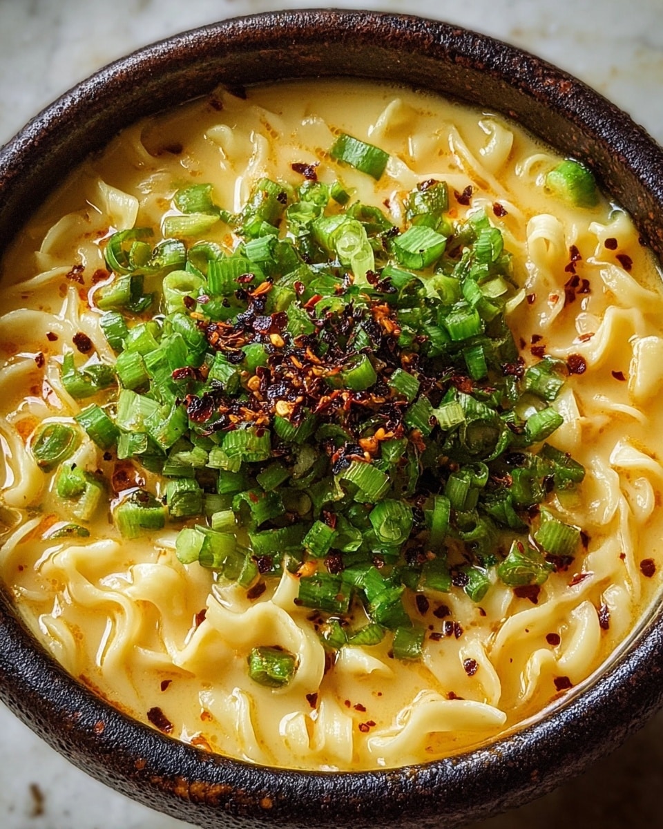 A close-up view of a dark bowl filled with creamy, wavy noodles in a rich, orange cheese sauce. The noodles are soft and covered fully by the thick sauce, with some bubbles visible on the top surface. In the center, there is a thick layer of chopped bright green spring onions, sprinkled with red chili flakes that add a touch of texture and color contrast. The bowl is set against a white marbled surface. photo taken with an iphone --ar 4:5 --v 7