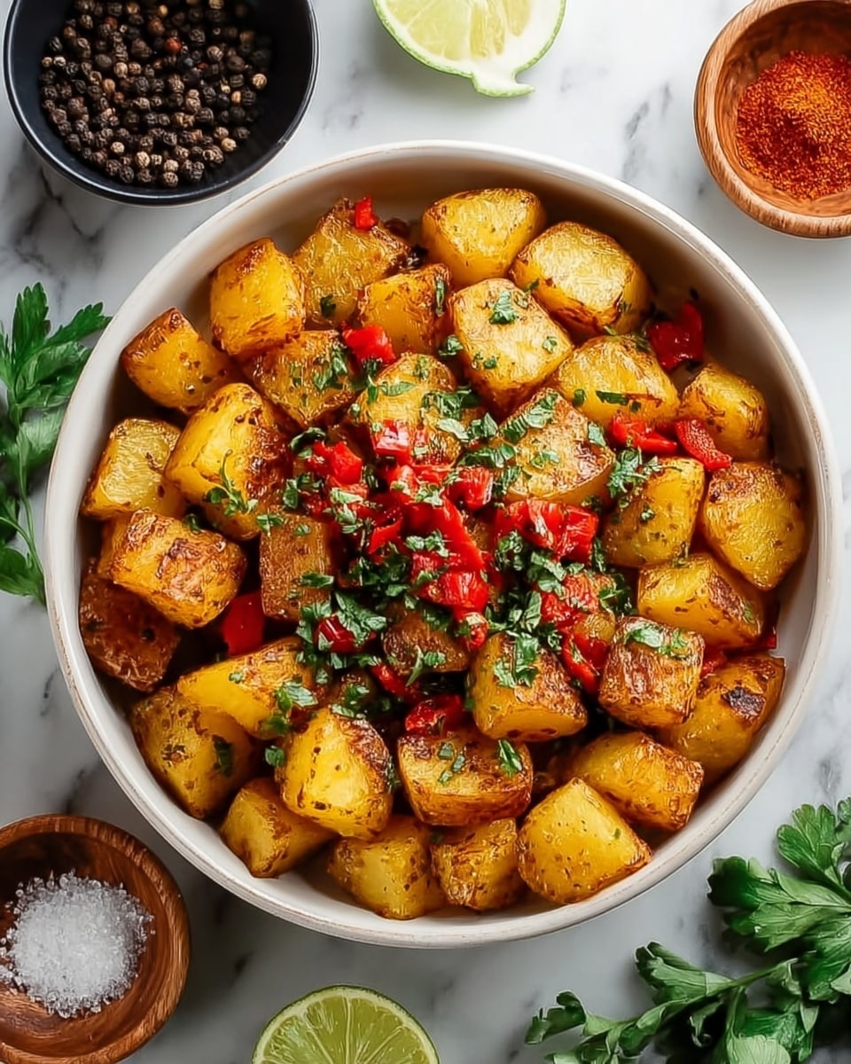 A close-up of a bowl filled with golden-brown roasted potato chunks and small red pepper pieces, all coated with herbs and spices. The potatoes are crispy on the outside with a mix of light and darker brown spots, while the peppers add a bright red contrast throughout. Fresh green chopped parsley is sprinkled on top, adding a fine texture and vibrant color. The bowl is black and placed on a white marbled surface, surrounded by small bowls of spices, peppercorns, salt, and lime wedges. The scene feels fresh and colorful with natural light highlighting the textures. photo taken with an iphone --ar 4:5 --v 7