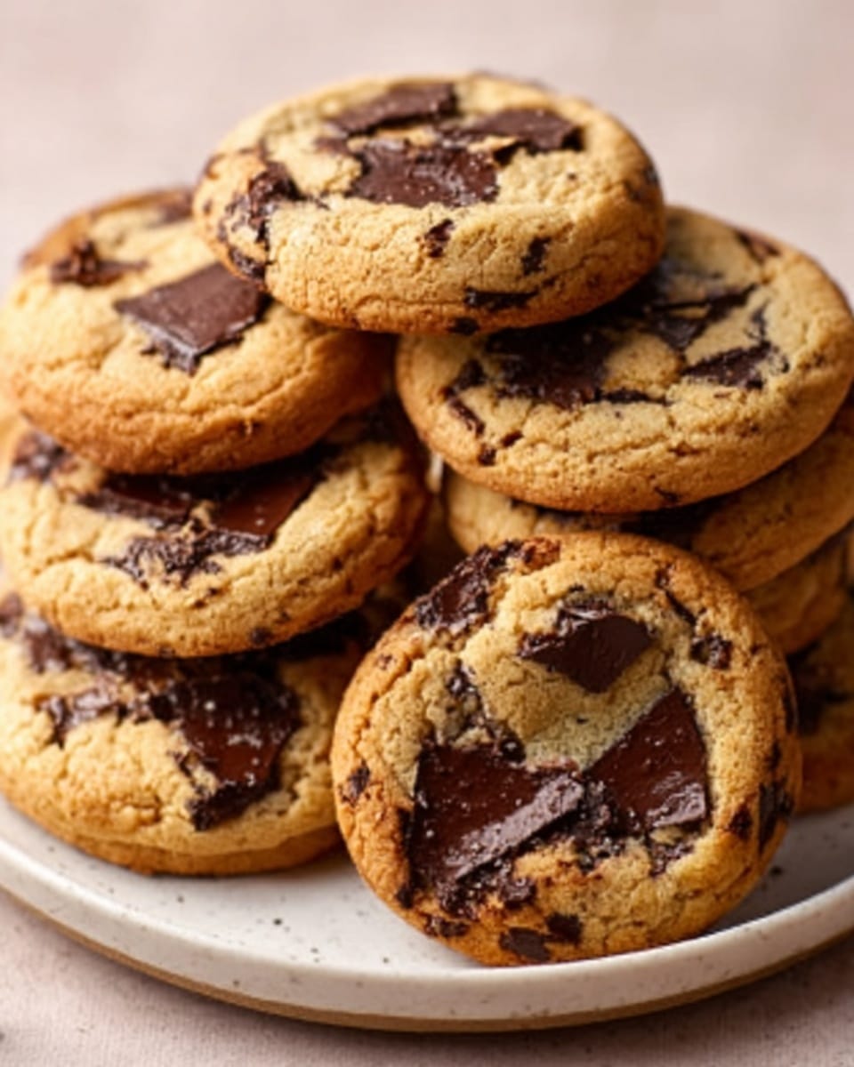 A close-up view of a small pile of seven golden brown chocolate chip cookies placed on a round white plate. Each cookie is thick with a slightly crispy edge and a soft center, filled with large, melted dark chocolate chunks unevenly spread throughout the light brown dough. The texture of the cookies shows a mix of smooth melted chocolate and crumbly baked dough. The plate sits on a white marbled surface. Photo taken with an iphone --ar 4:5 --v 7