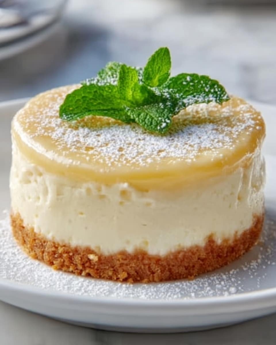 The image shows a small, round cheesecake on a white plate placed on a white marbled surface. The cheesecake has three visible layers: the bottom layer is a golden brown, crumbly crust; the middle layer is thick, smooth, and creamy white cheese filling; the top layer is a light glossy yellow glaze. On top of the glaze, there is a light dusting of powdered sugar and two small green mint leaves for decoration. In the soft background, blurred white cups are visible. Photo taken with an iphone --ar 4:5 --v 7