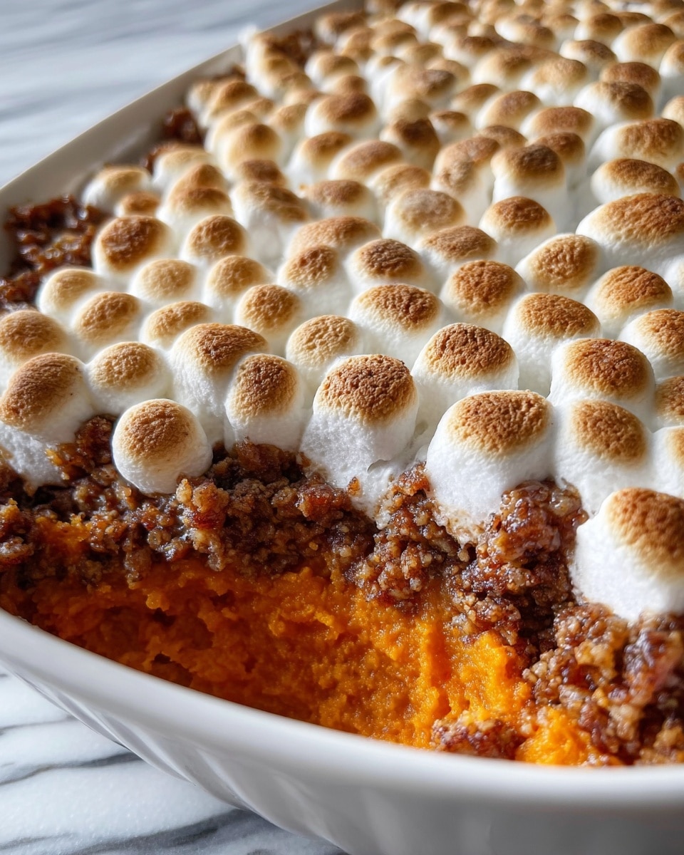 A close-up of a three-layer dish in a round white bowl, showing a portion just scooped out. The bottom layer is bright orange and smooth, likely mashed sweet potatoes. Above it is a crumbly, brown layer that looks like cooked sausage or ground meat with a textured surface. The top layer is made of toasted marshmallows that are golden brown with some darker spots, covering the whole surface in small puffed mounds. The bowl sits on a white marbled texture, and a spoon is partially visible inside the scoop. photo taken with an iphone --ar 4:5 --v 7