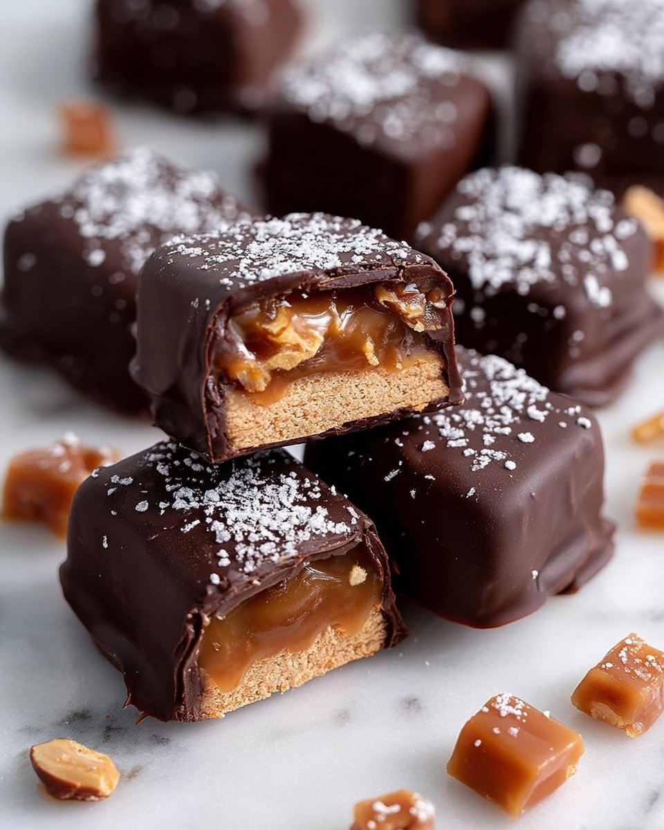 The image shows several small square chocolates with a smooth, dark brown chocolate coating. Each piece is topped with a light dusting of white powdered sugar. One chocolate square is cut in half and placed on top of another, revealing three layers inside: a bottom layer of light brown biscuit, a middle layer of golden caramel with visible small nuts, and a thin layer of chocolate coating all around. The chocolates are arranged on a white marbled surface with scattered small caramel pieces. photo taken with an iphone --ar 4:5 --v 7
