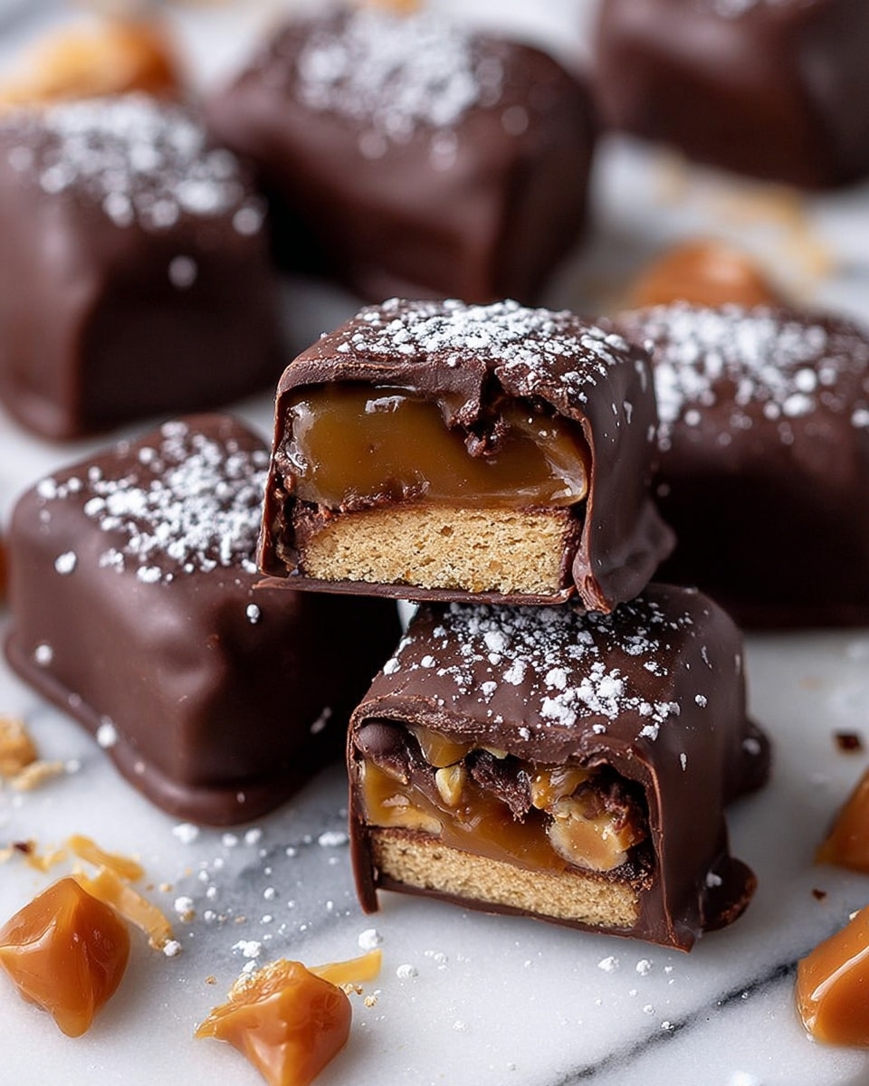 The image shows several small square treats covered in smooth, dark chocolate with a dusting of white powdered sugar on top. One piece is cut in half and placed on top of two others, revealing three layers: a bottom layer that looks like a light brown, firm biscuit or cookie, a middle layer of thick, golden caramel with some small nut pieces inside, and a top layer of dark chocolate coating. Small caramel pieces are scattered on the white marbled surface around the treats, adding texture and detail to the scene. photo taken with an iphone --ar 4:5 --v 7