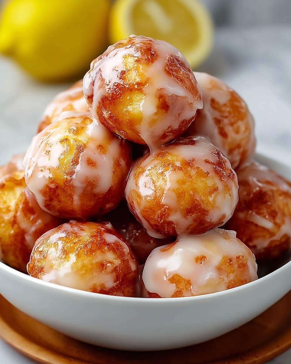 A white bowl filled with about ten golden-brown round fritters that have a slightly crispy outer layer with some darker brown spots. Each fritter is topped with a smooth, shiny white glaze that drips down the sides, adding a glossy texture. The fritters are piled closely together, showing a mix of light yellow inside and the fried crust on the outside. The bowl is placed on a wooden board with a blurred yellow lemon in the white marbled background. photo taken with an iphone --ar 4:5 --v 7