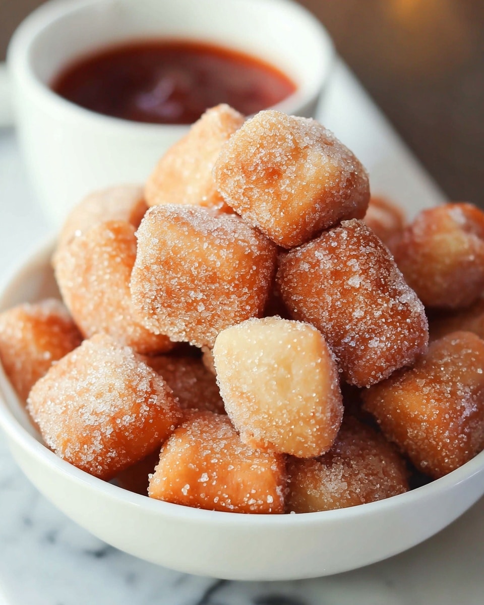 A white bowl holds a stack of small, golden-brown, square-shaped doughnut bites covered in sugar crystals that sparkle in the light. The doughnut bites have a soft, slightly puffy texture with a light crust. In the background, slightly out of focus, there is a white bowl filled with red dipping sauce, likely syrup, adding a contrasting color. The bowl is set on a white marbled surface, bringing a clean and bright feel to the image. photo taken with an iphone --ar 4:5 --v 7