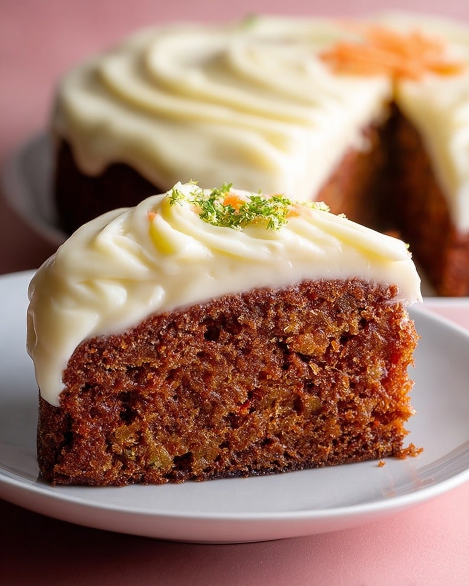 A close-up view of a rich, moist carrot cake cut into a slice with a thick, creamy layer of smooth, off-white cream cheese frosting spread generously on top, showing soft swirled texture. The cake base is dark brown with a slightly crumbly and dense texture visible on the sides, sitting on a white plate with a soft matte finish. The background is a plain pink color, and the cake slice is placed near the front with the rest of the cake partially seen behind it. Photo taken with an iphone --ar 4:5 --v 7
