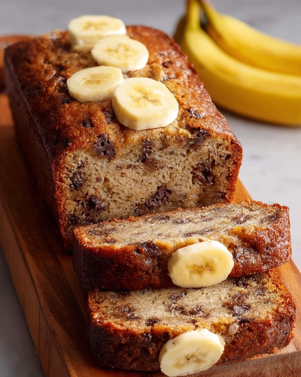 A loaf of banana bread with a rich brown crust is placed on a wooden board. The bread is sliced twice, showing a moist, speckled texture inside, filled with dark chocolate chips evenly spread throughout. On top of the loaf, there are several round, pale yellow banana slices arranged neatly. One slice is tilted slightly forward, revealing more of the soft crumb and chunks of chocolate. In the background, two whole bananas add a bright yellow contrast. The scene rests on a white marbled surface, creating a clean and simple look. Photo taken with an iphone --ar 4:5 --v 7