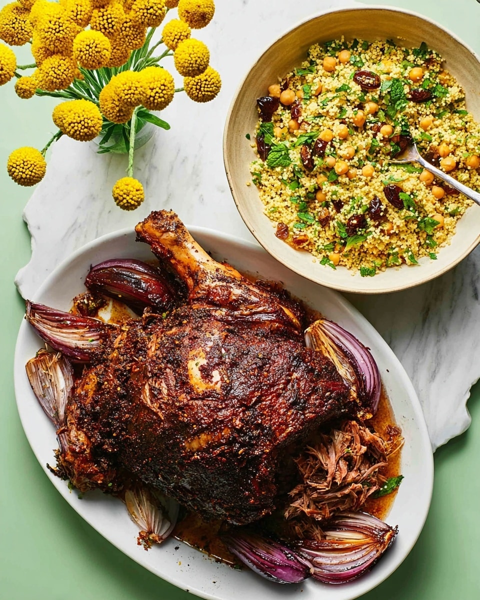 A large white oval plate holds a roasted meat leg with a dark, crispy, and spiced outer layer. Around the meat, there are thick wedges of browned red onion, adding a rich purple and caramelized texture. On the side, a white bowl filled with yellow couscous mixed with chickpeas, chopped herbs, and small bits of dark dried fruit sits on a white plate. A silver spoon rests inside the couscous bowl. The background is a white marbled texture with a small green plant and two pastel green salt and pepper shakers near the top. photo taken with an iphone --ar 4:5 --v 7