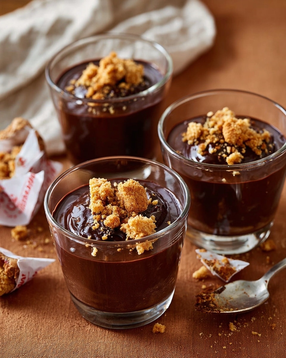 The image shows three small clear glass cups filled with thick, dark chocolate mousse, each topped with crumbled light brown cookie pieces. The mousse has a smooth, shiny texture with a swirl pattern on top. The cups are placed on a brown textured surface, with some scattered cookie crumbs and pieces on white printed parchment paper nearby. The background features a soft, slightly blurred light-colored cloth. photo taken with an iphone --ar 4:5 --v 7